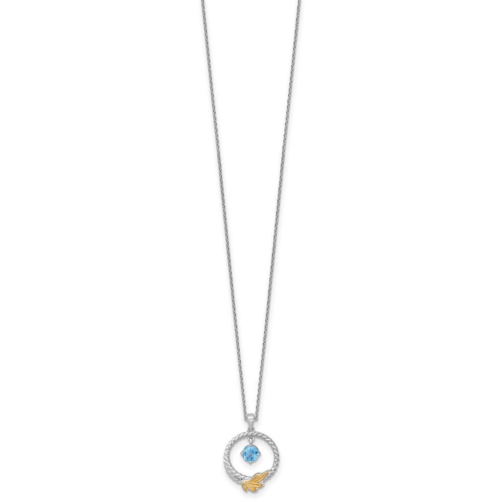 Shey Couture Sterling Silver Rhodium-plated Twisted Circle with 14k Leaf Accent Round Light Swiss Blue Topaz 18 inch with 2 inch Extension Necklace