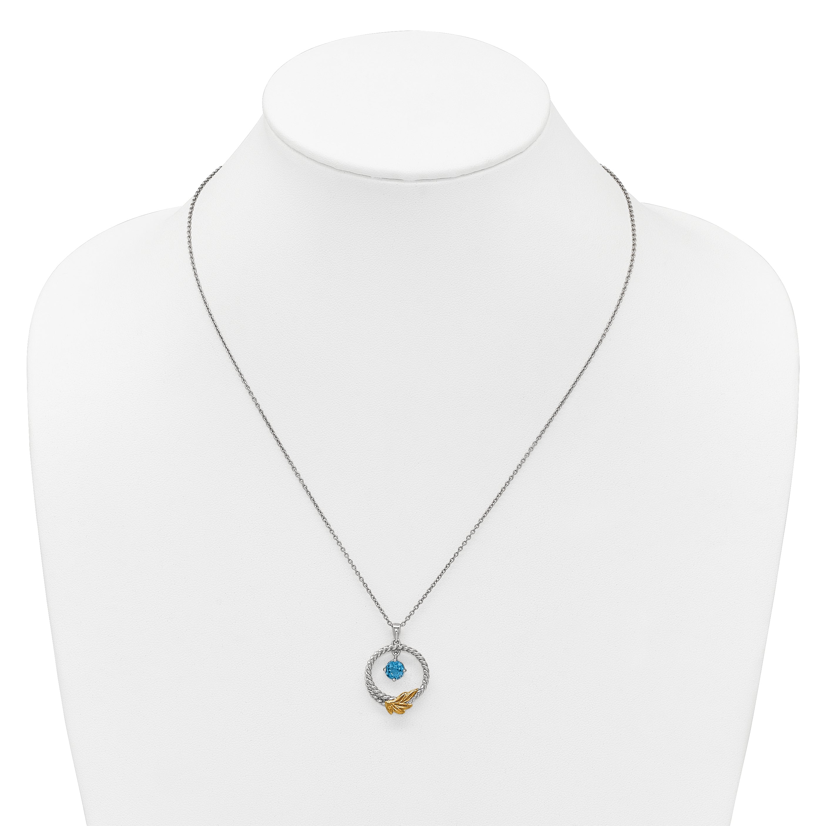 Shey Couture Sterling Silver Rhodium-plated Twisted Circle with 14k Leaf Accent Round Light Swiss Blue Topaz 18 inch with 2 inch Extension Necklace