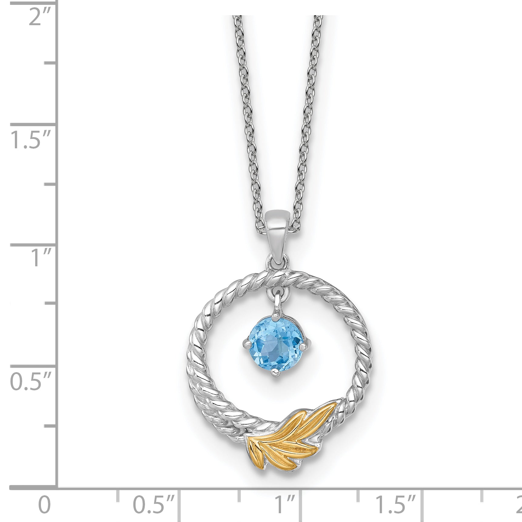 Shey Couture Sterling Silver Rhodium-plated Twisted Circle with 14k Leaf Accent Round Light Swiss Blue Topaz 18 inch with 2 inch Extension Necklace