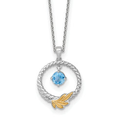 Shey Couture Sterling Silver Rhodium-plated Twisted Circle with 14k Leaf Accent Round Light Swiss Blue Topaz 18 inch with 2 inch Extension Necklace