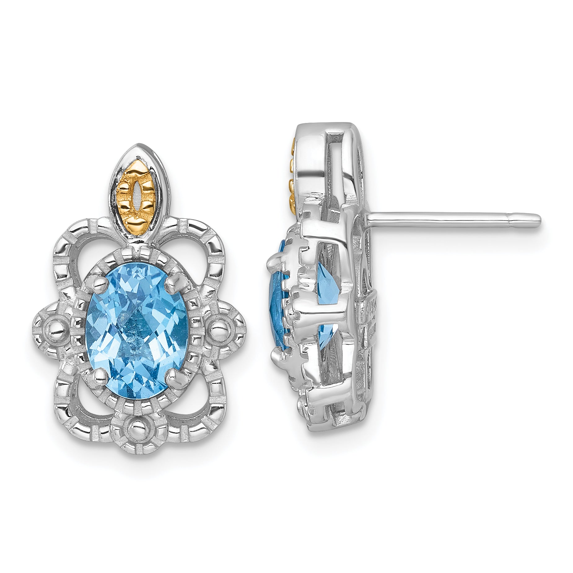 Shey Couture Sterling Silver Rhodium-plated with 14k Accent Oval Light Swiss Blue Topaz Vintage Post Earrings Main image