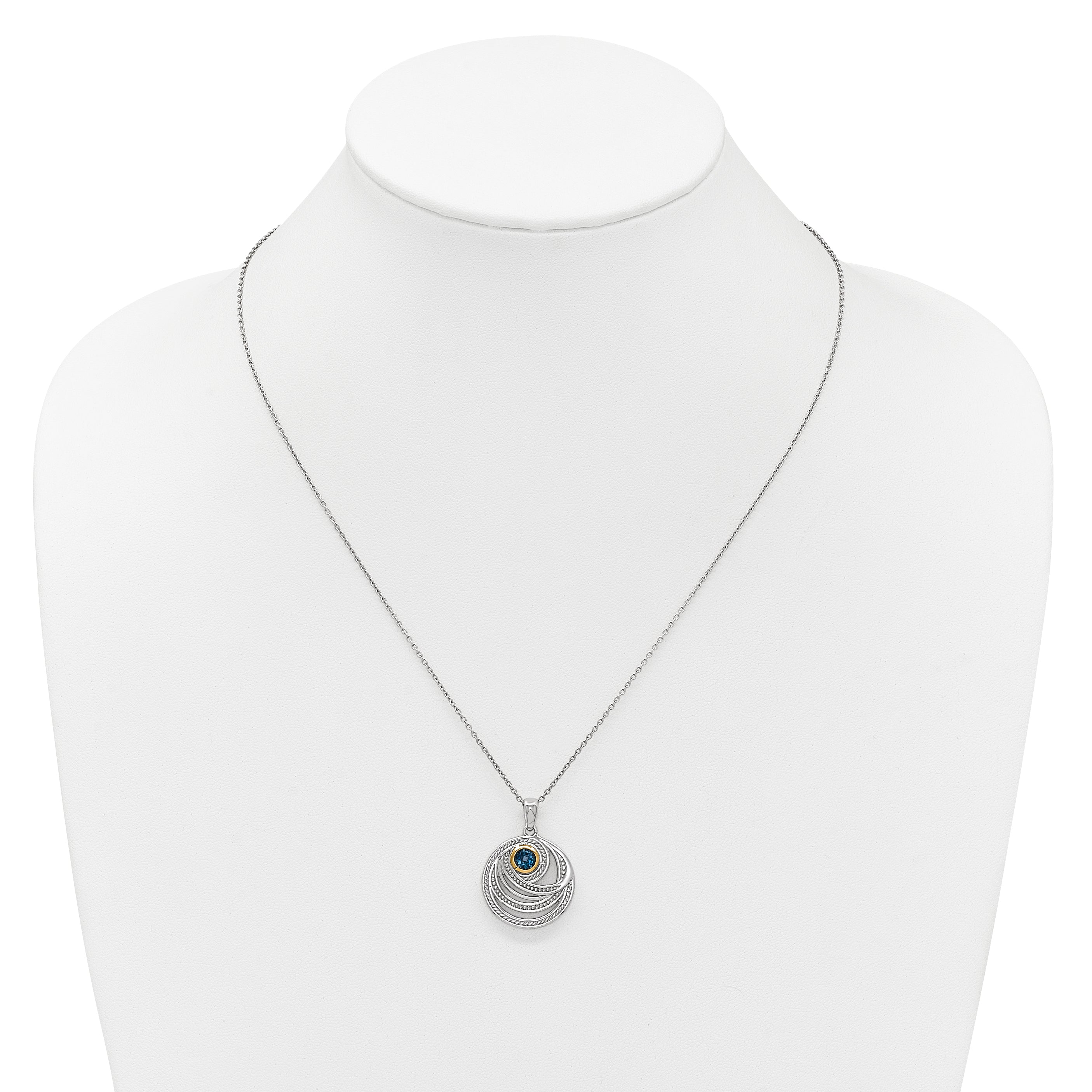 Shey Couture Sterling Silver Rhodium-plated with 14k Accent Round London Blue Topaz Swirl Circle 18 inch with 2 inch Extension Necklace