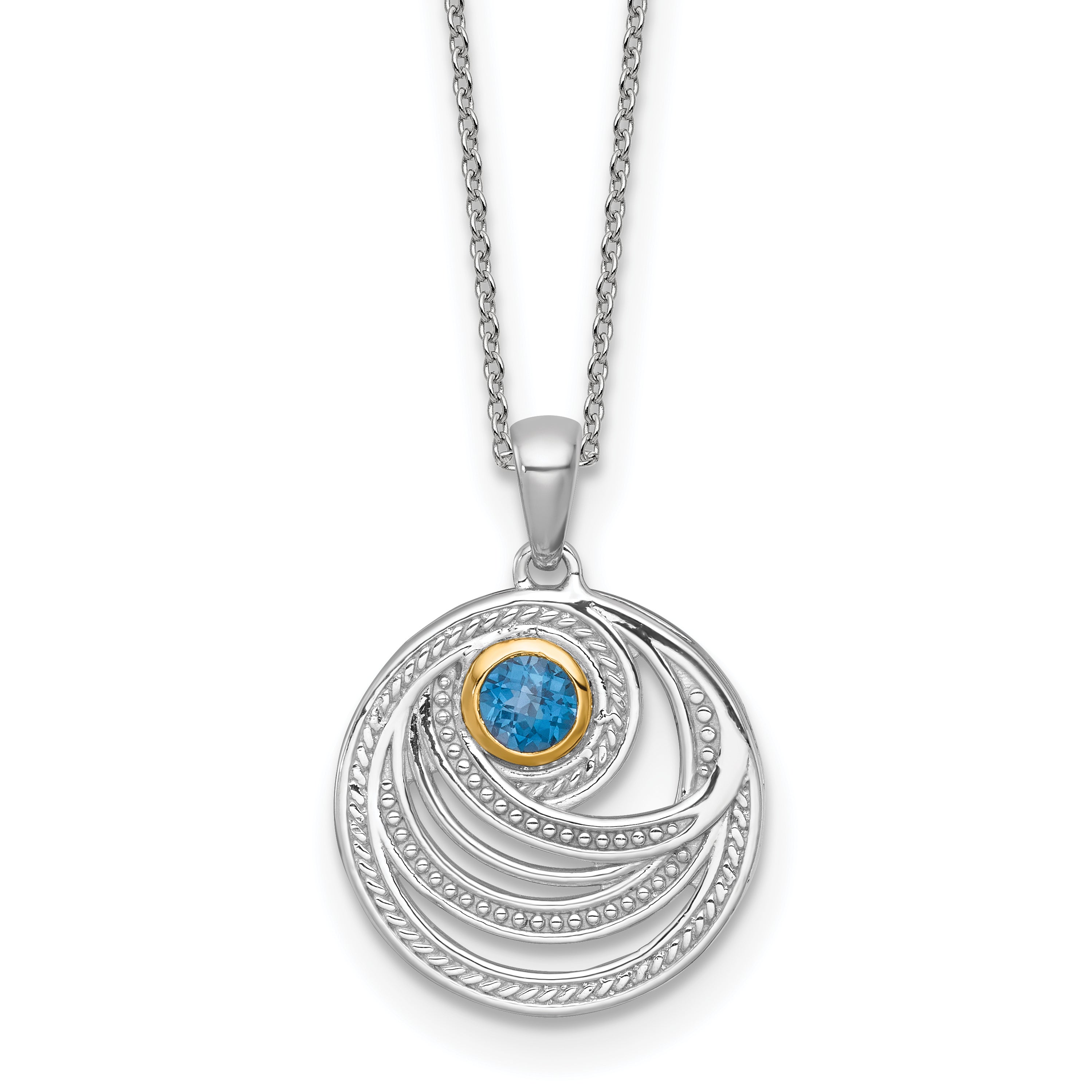 Shey Couture Sterling Silver Rhodium-plated with 14k Accent Round London Blue Topaz Swirl Circle 18 inch with 2 inch Extension Necklace