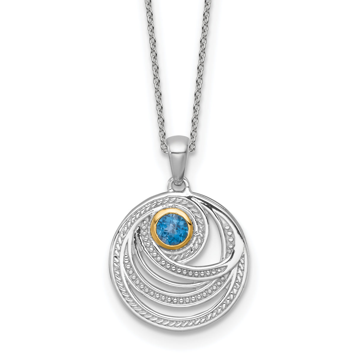 Shey Couture Sterling Silver Rhodium-plated with 14k Accent Round London Blue Topaz Swirl Circle 18 inch with 2 inch Extension Necklace