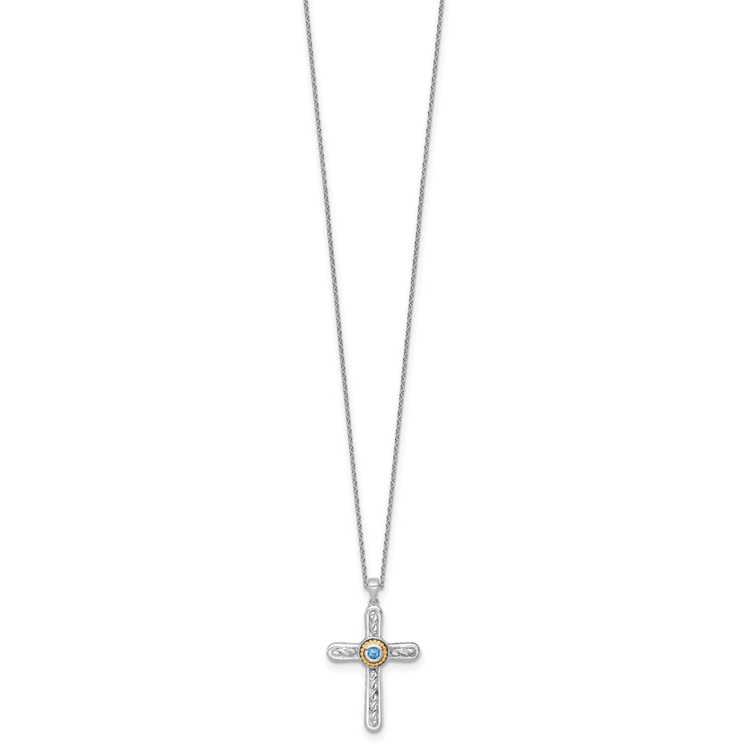 Shey Couture Sterling Silver Rhodium-plated with 14k Accent Round London Blue Topaz Textured Cross 18 inch with 2 inch Extension Necklace