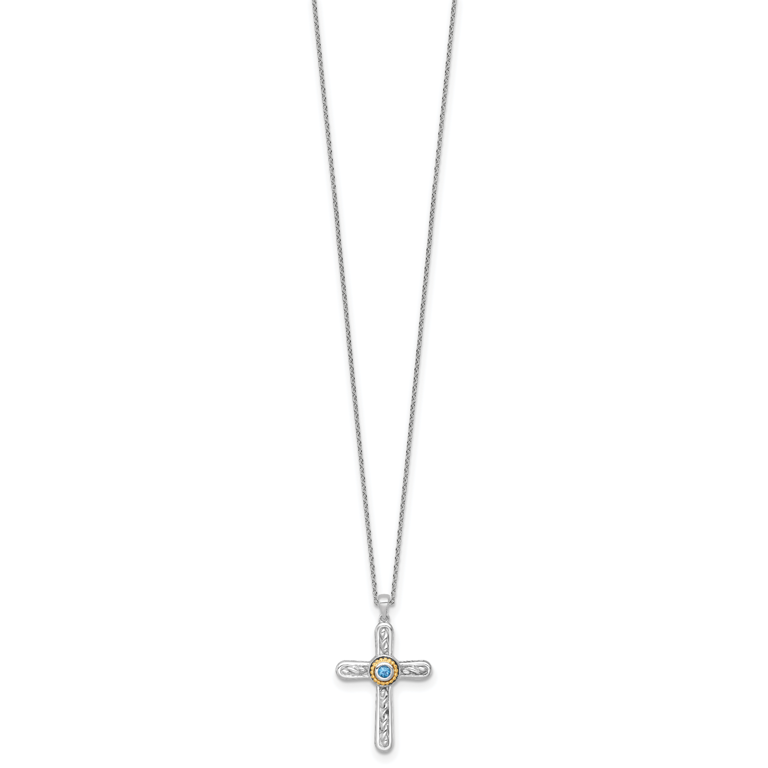 Shey Couture Sterling Silver Rhodium-plated with 14k Accent Round London Blue Topaz Textured Cross 18 inch with 2 inch Extension Necklace Secondary image