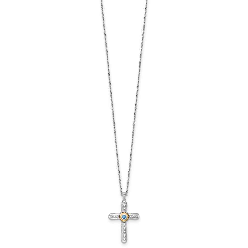 Shey Couture Sterling Silver Rhodium-plated with 14k Accent Round London Blue Topaz Textured Cross 18 inch with 2 inch Extension Necklace