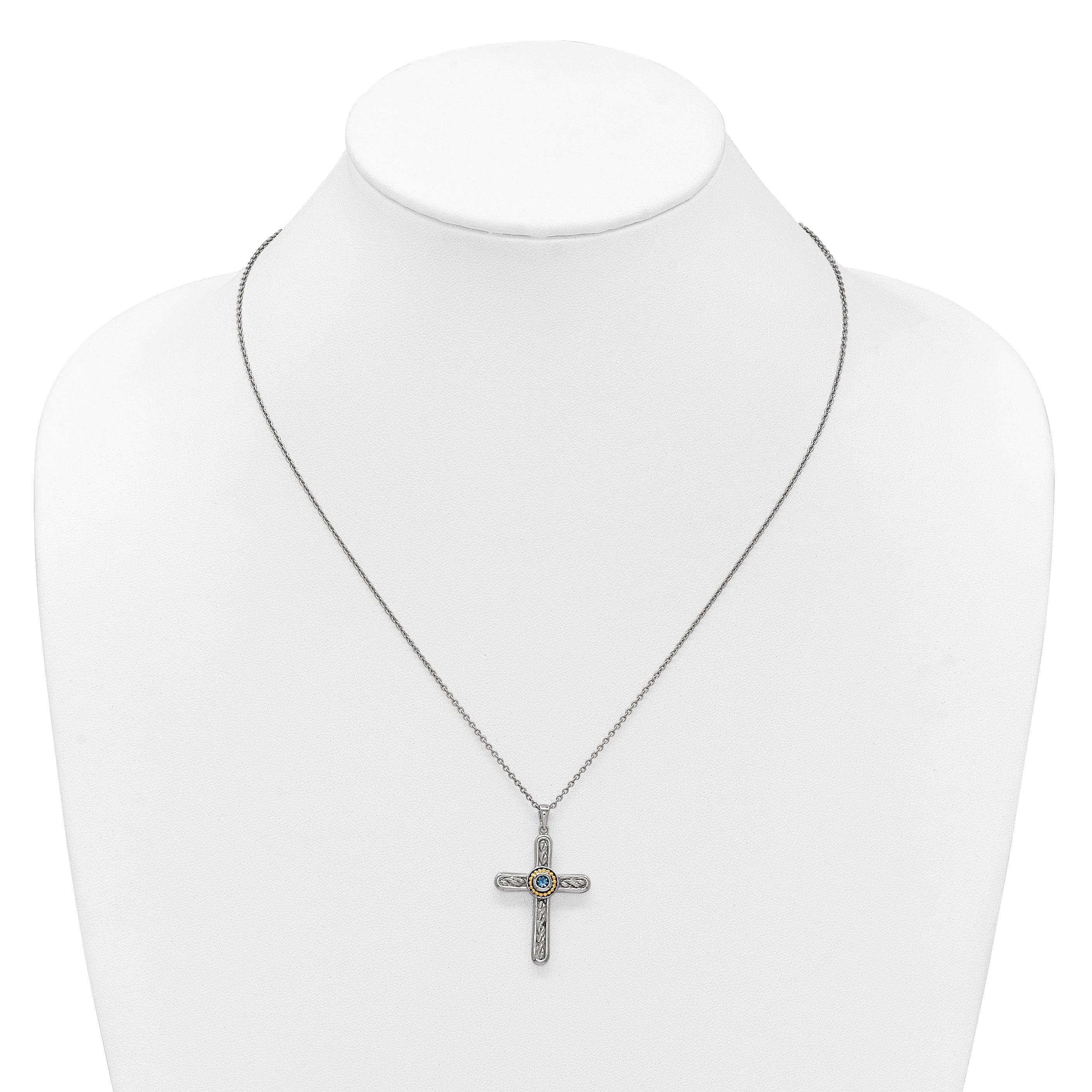 Shey Couture Sterling Silver Rhodium-plated with 14k Accent Round London Blue Topaz Textured Cross 18 inch with 2 inch Extension Necklace