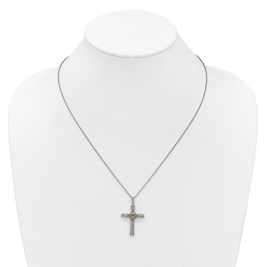 Shey Couture Sterling Silver Rhodium-plated with 14k Accent Round London Blue Topaz Textured Cross 18 inch with 2 inch Extension Necklace