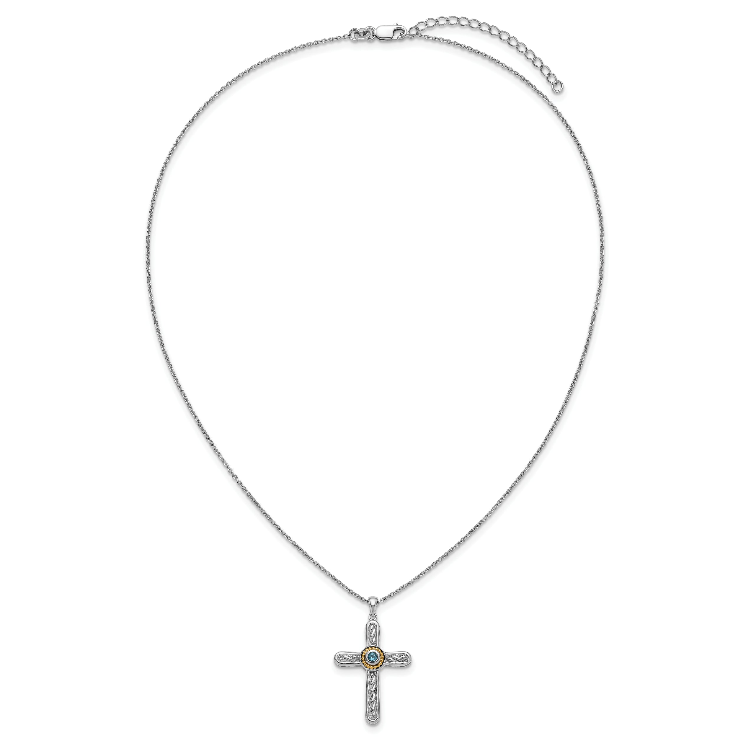 Shey Couture Sterling Silver Rhodium-plated with 14k Accent Round London Blue Topaz Textured Cross 18 inch with 2 inch Extension Necklace
