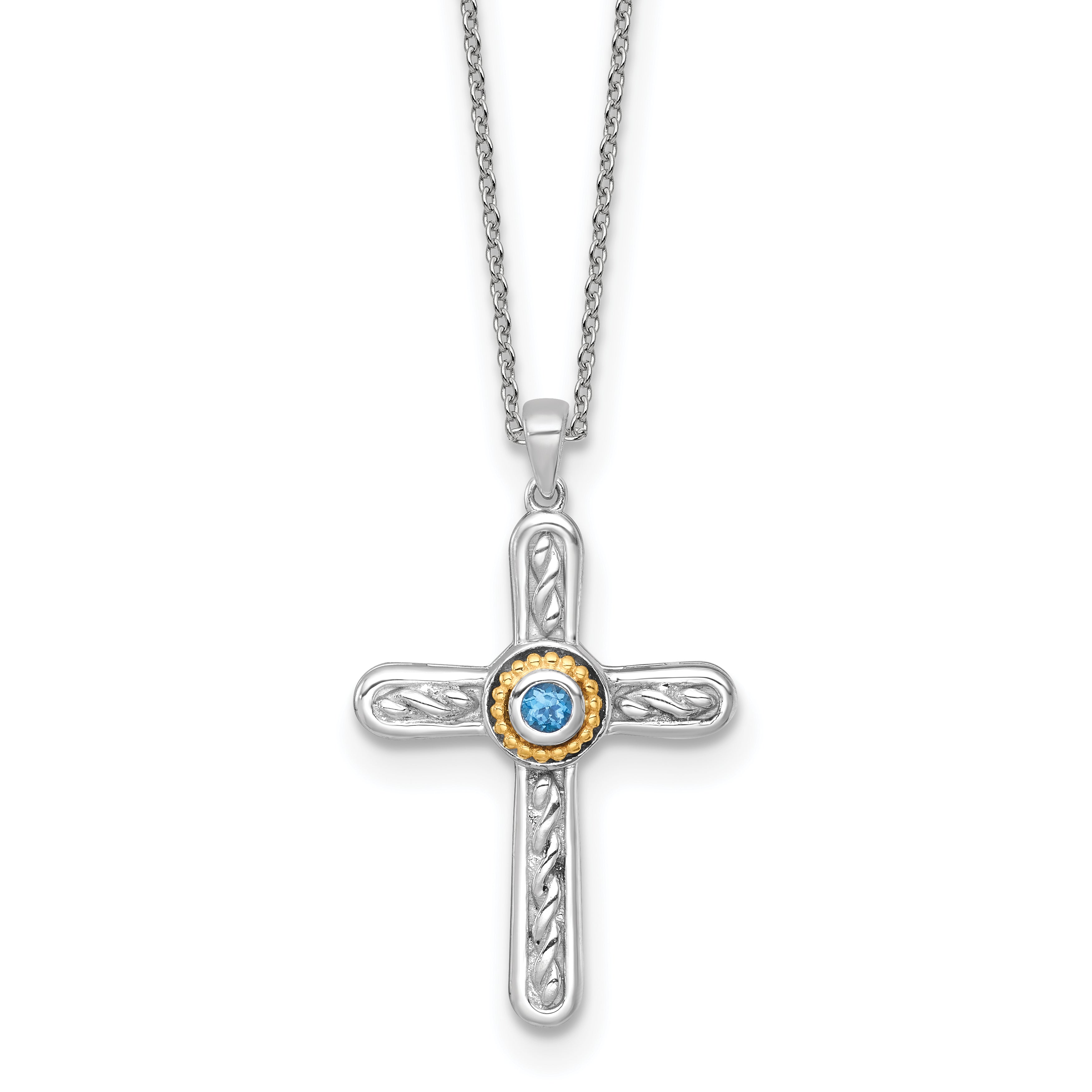 Shey Couture Sterling Silver Rhodium-plated with 14k Accent Round London Blue Topaz Textured Cross 18 inch with 2 inch Extension Necklace Main image