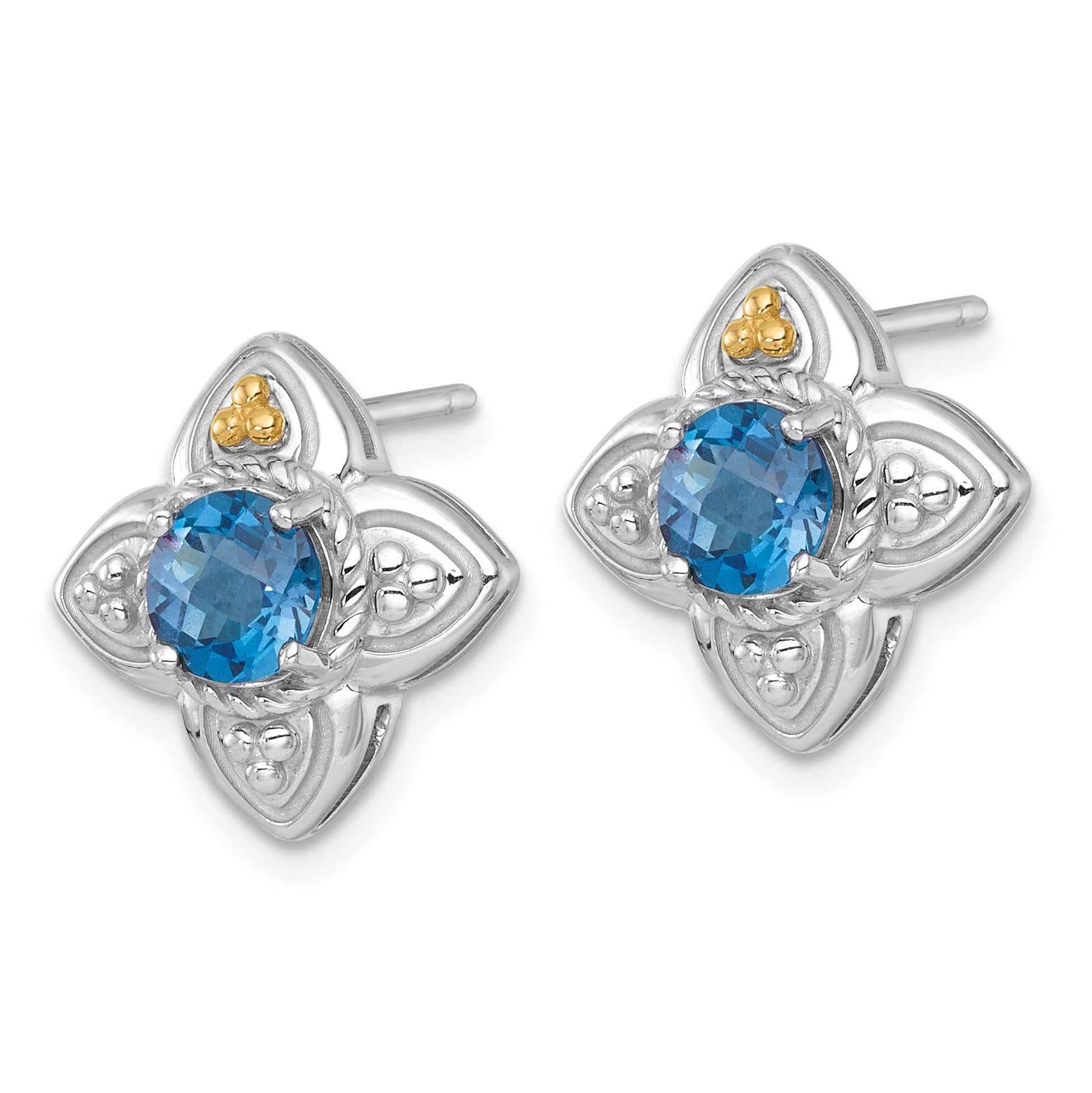 Shey Couture Sterling Silver Rhodium-plated with 14k Accent Round London Blue Topaz Flower Post Earrings Secondary image