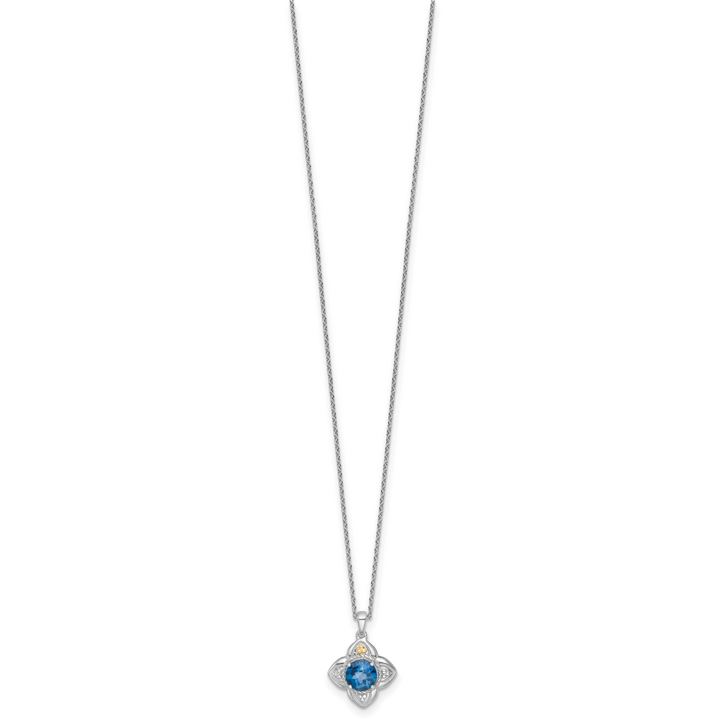 Shey Couture Sterling Silver Rhodium-plated with 14k Accent Round London Blue Topaz Flower 18 inch with 2 inch Extension Necklace