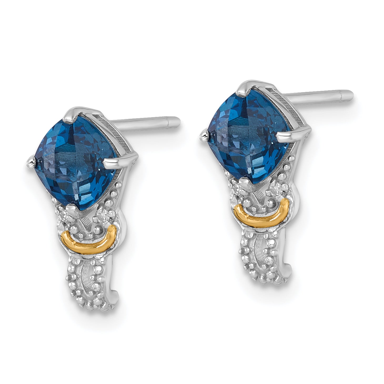 Shey Couture Sterling Silver Rhodium-plated with 14k Accent Checker-cut Cushion London Blue Topaz and .02ct. Diamond Post Earrings Secondary image