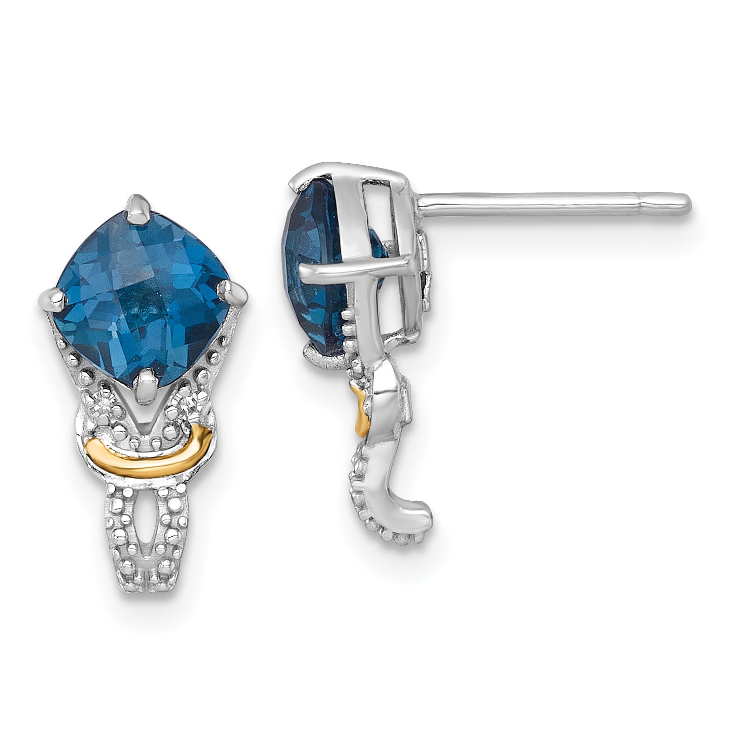Shey Couture Sterling Silver Rhodium-plated with 14k Accent Checker-cut Cushion London Blue Topaz and .02ct. Diamond Post Earrings
