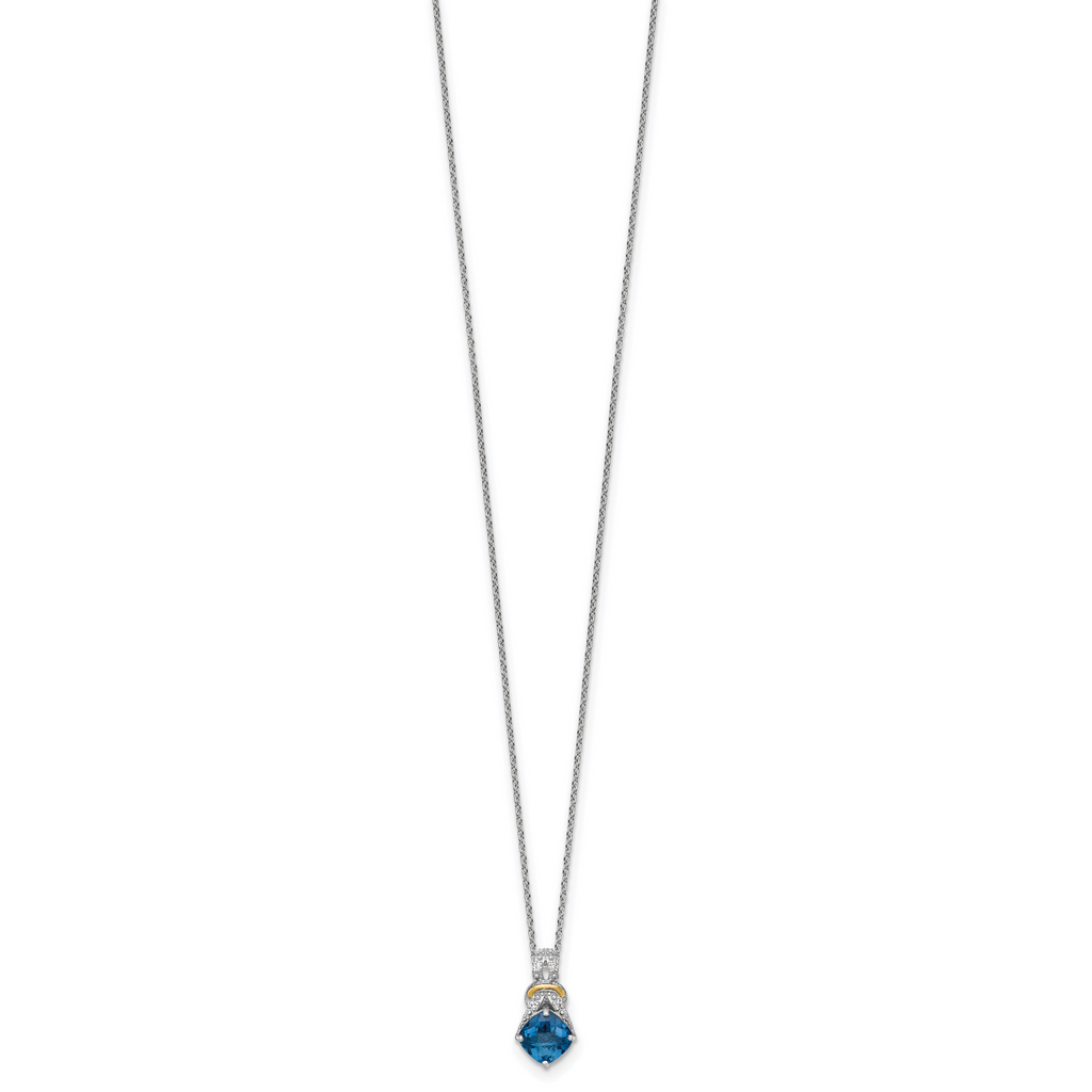 Shey Couture Sterling Silver Rhodium-plated with 14k Accent Checker Cushion London Blue Topaz .04ct. Diamond 18 inch w/2 inch Extension Necklace