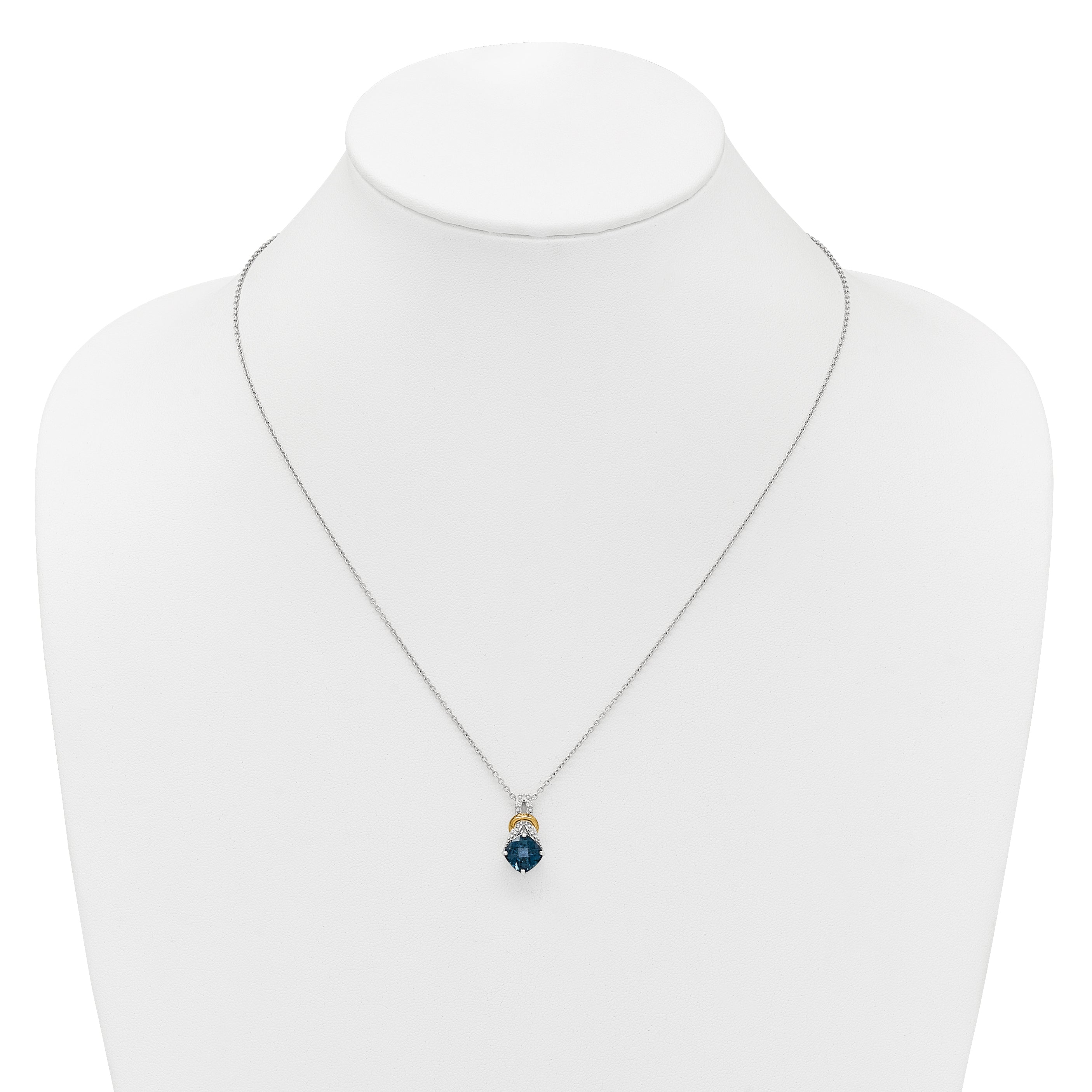 Shey Couture Sterling Silver Rhodium-plated with 14k Accent Checker Cushion London Blue Topaz .04ct. Diamond 18 inch w/2 inch Extension Necklace