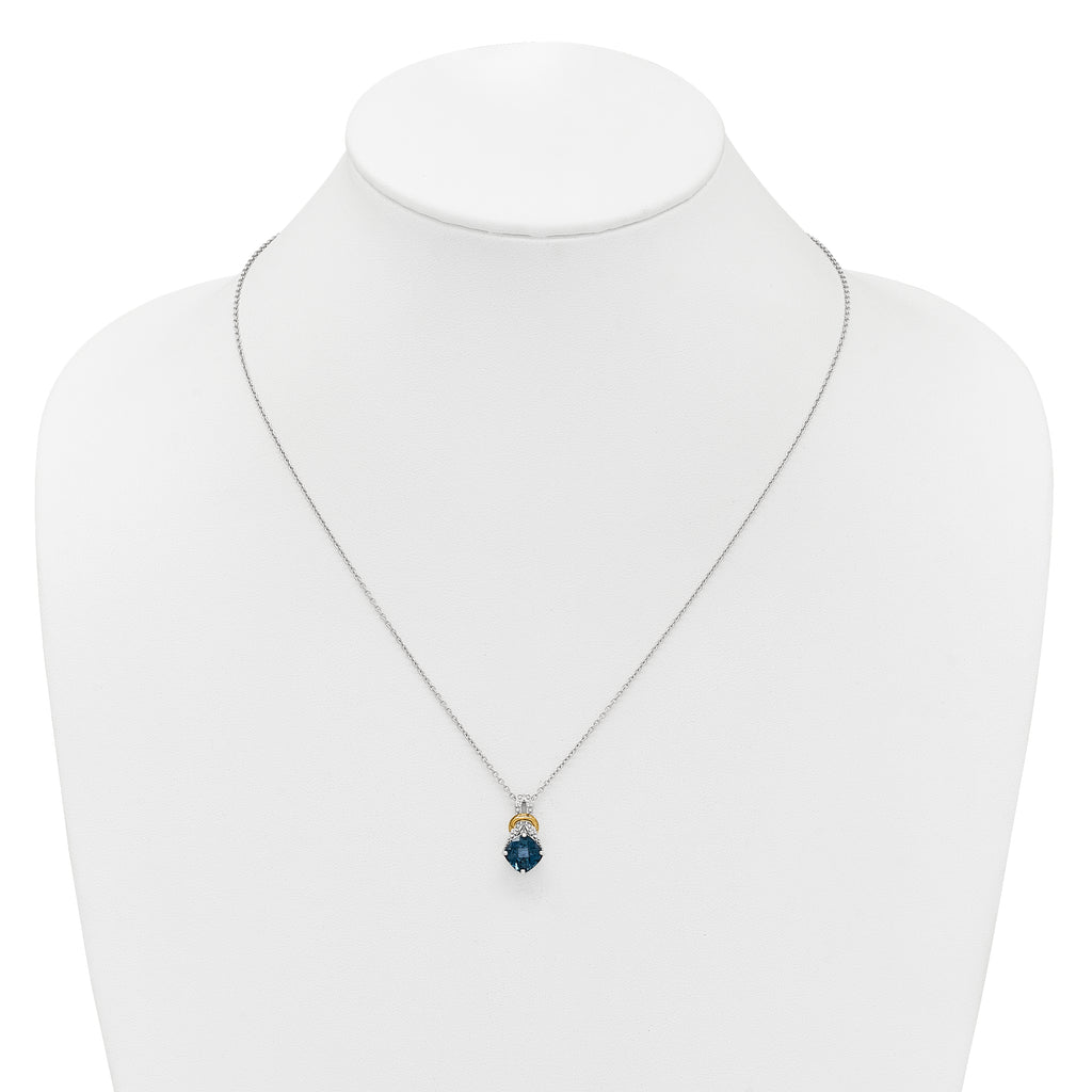 Shey Couture Sterling Silver Rhodium-plated with 14k Accent Checker Cushion London Blue Topaz .04ct. Diamond 18 inch w/2 inch Extension Necklace