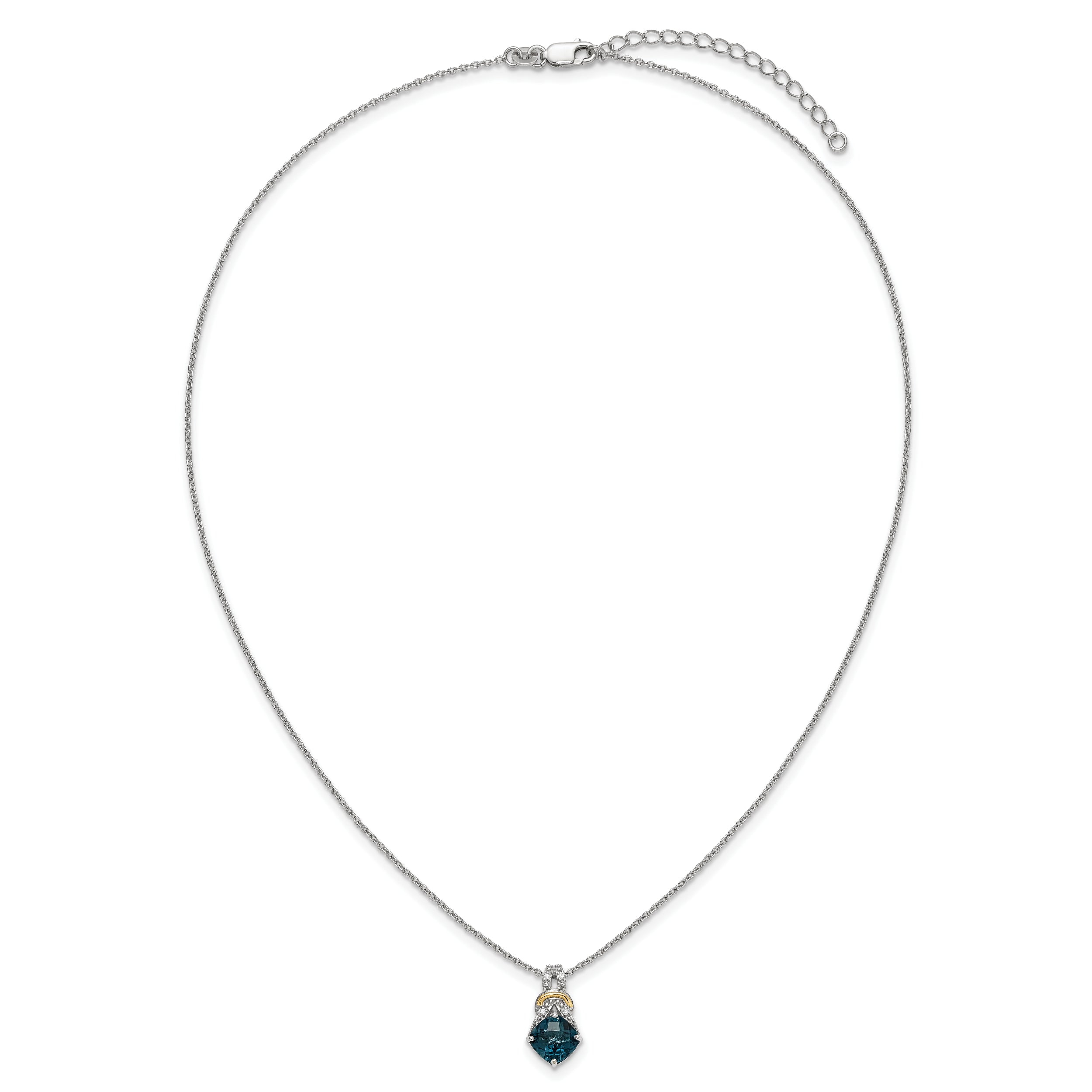 Shey Couture Sterling Silver Rhodium-plated with 14k Accent Checker Cushion London Blue Topaz .04ct. Diamond 18 inch w/2 inch Extension Necklace
