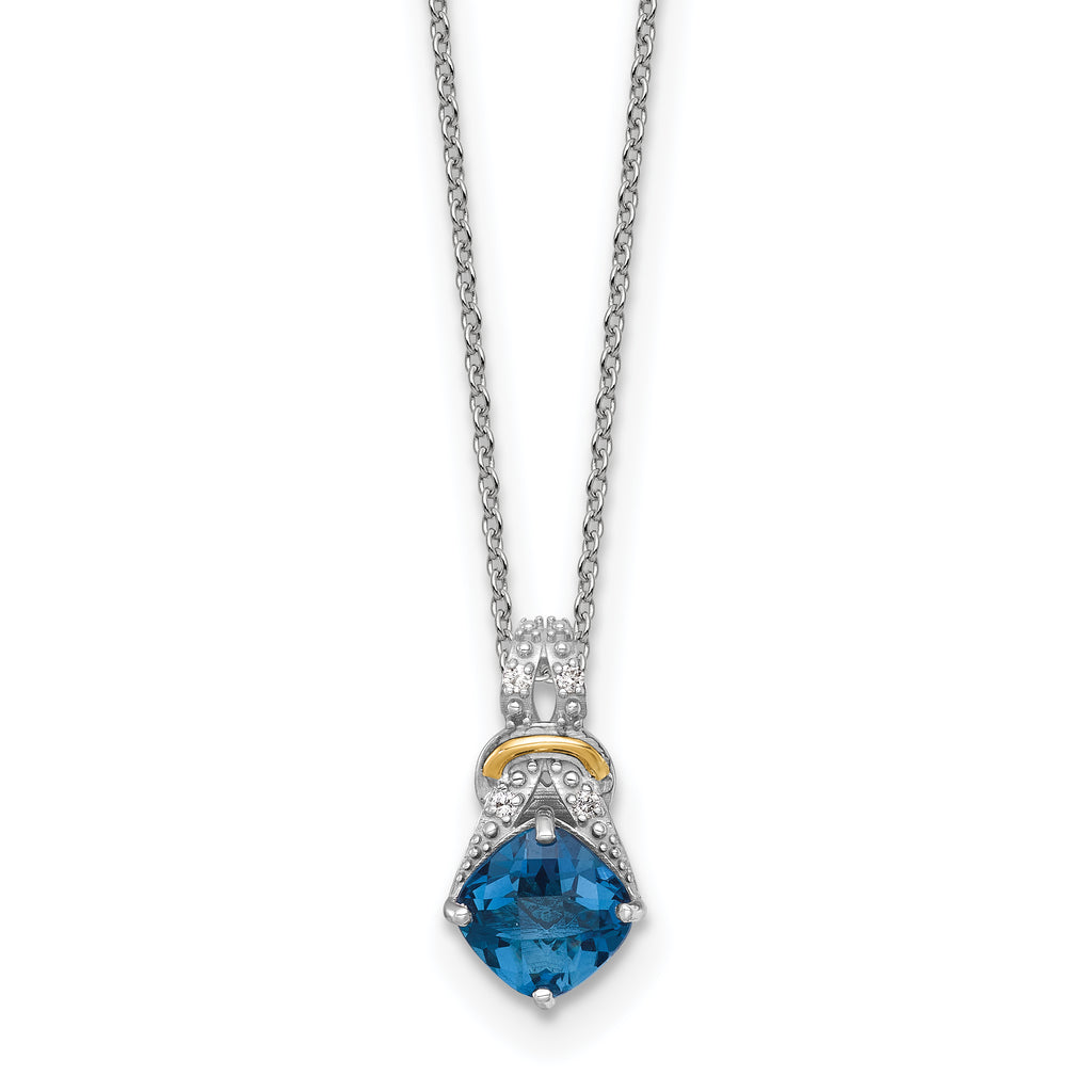 Shey Couture Sterling Silver Rhodium-plated with 14k Accent Checker Cushion London Blue Topaz .04ct. Diamond 18 inch w/2 inch Extension Necklace
