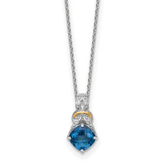 Shey Couture Sterling Silver Rhodium-plated with 14k Accent Checker Cushion London Blue Topaz .04ct. Diamond 18 inch w/2 inch Extension Necklace