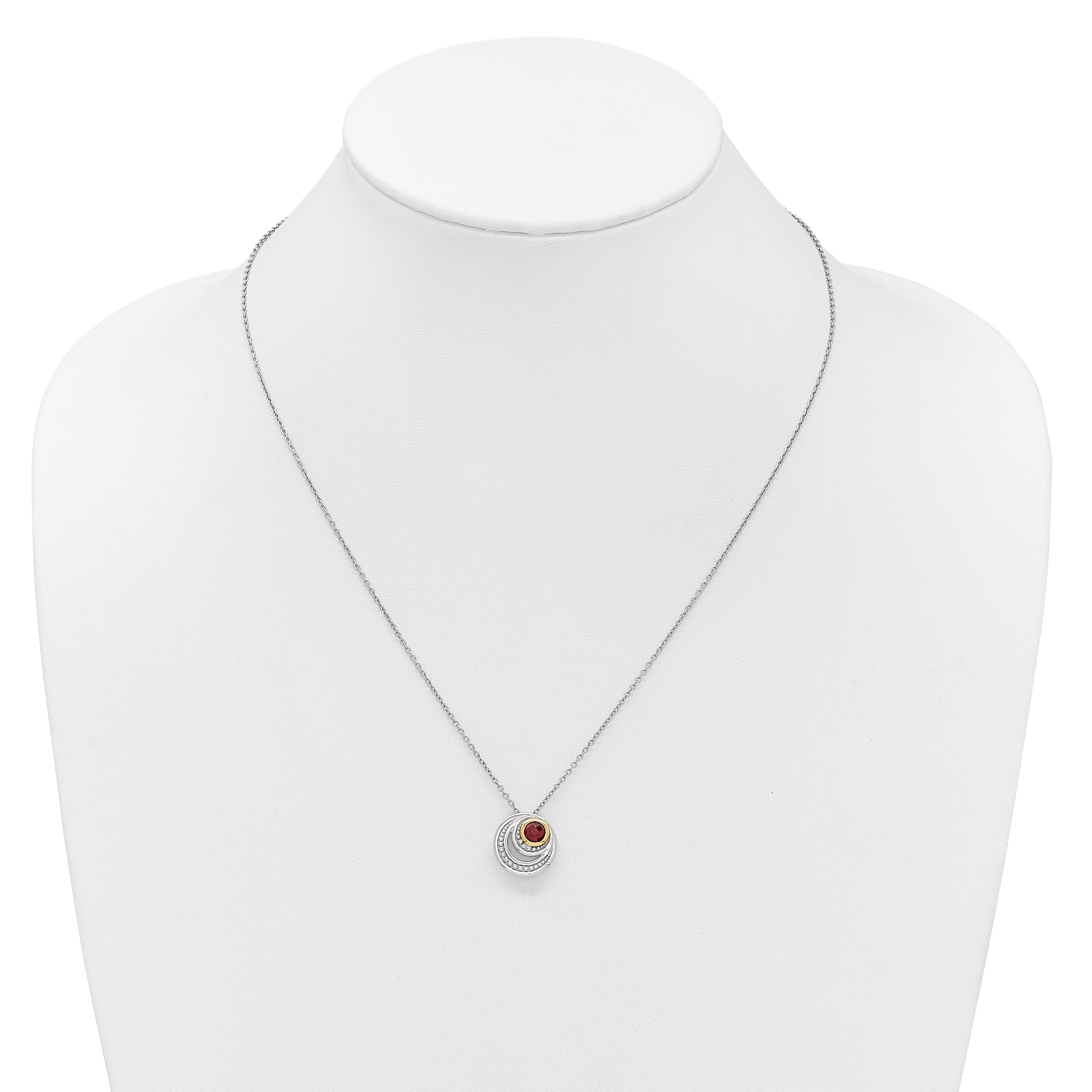 Shey Couture Sterling Silver Rhodium-plated with 14K Accent Round Garnet Swirl Circle 18 inch with 2 inch Extension Necklace