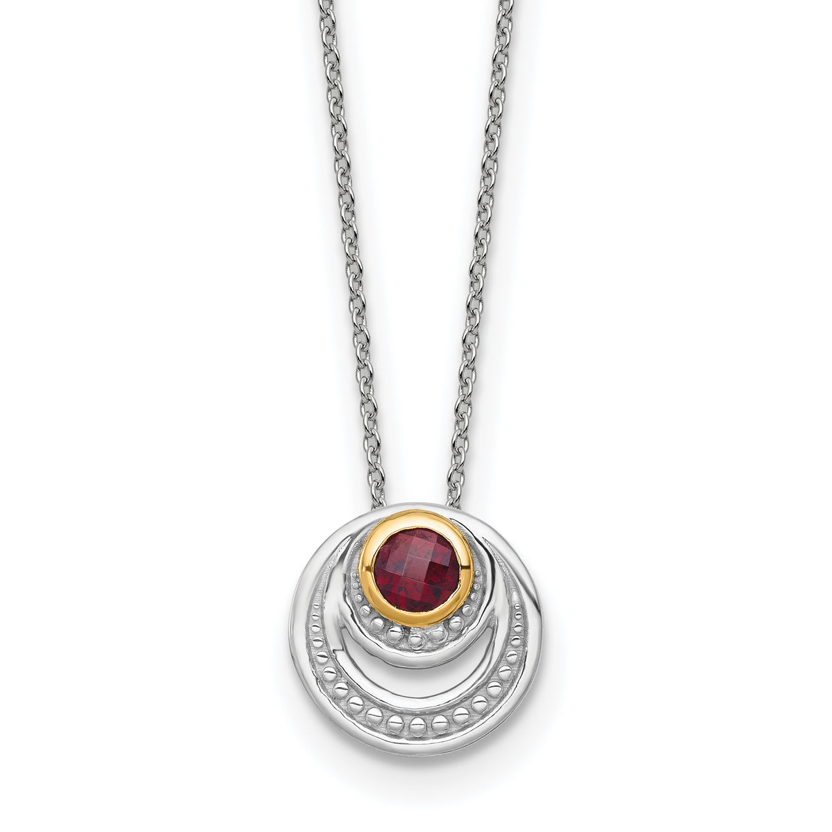 Shey Couture Sterling Silver Rhodium-plated with 14K Accent Round Garnet Swirl Circle 18 inch with 2 inch Extension Necklace