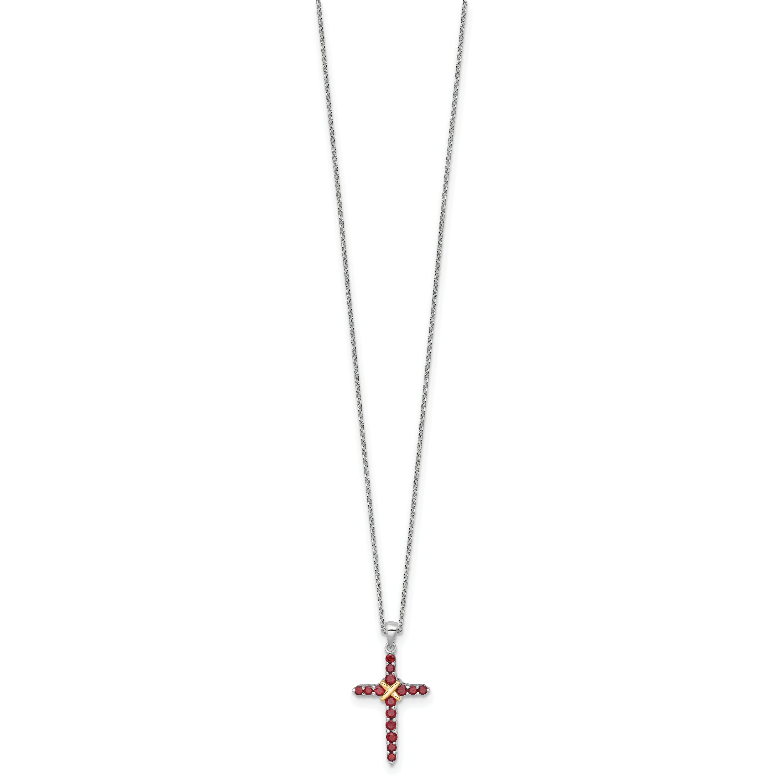 Shey Couture Sterling Silver Rhodium-plated with 14k -X- Accent Round Garnet Cross 18 inch with 2 inch Extension Necklace