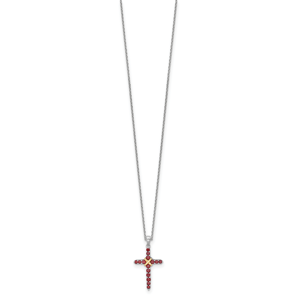 Shey Couture Sterling Silver Rhodium-plated with 14k -X- Accent Round Garnet Cross 18 inch with 2 inch Extension Necklace