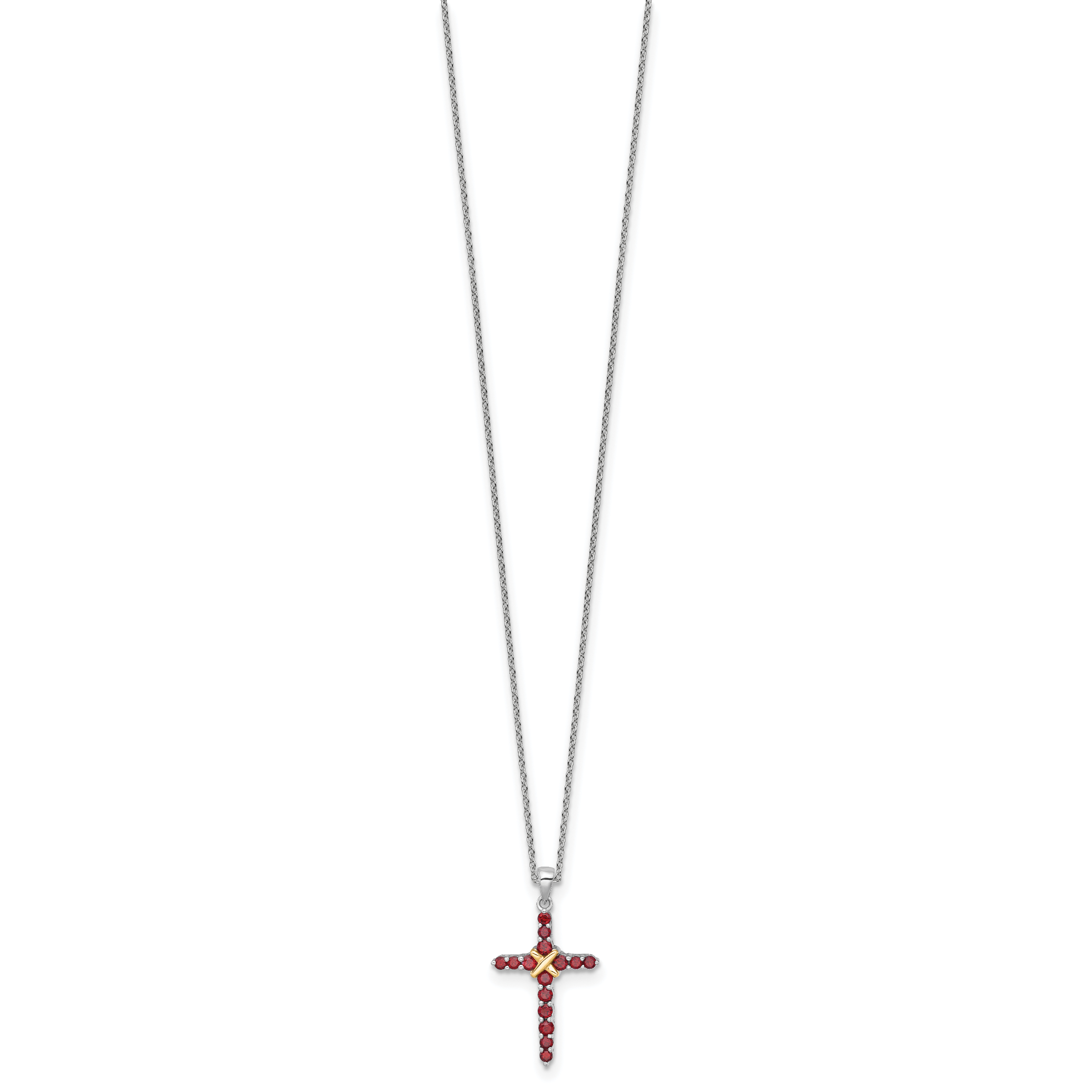 Shey Couture Sterling Silver Rhodium-plated with 14k -X- Accent Round Garnet Cross 18 inch with 2 inch Extension Necklace