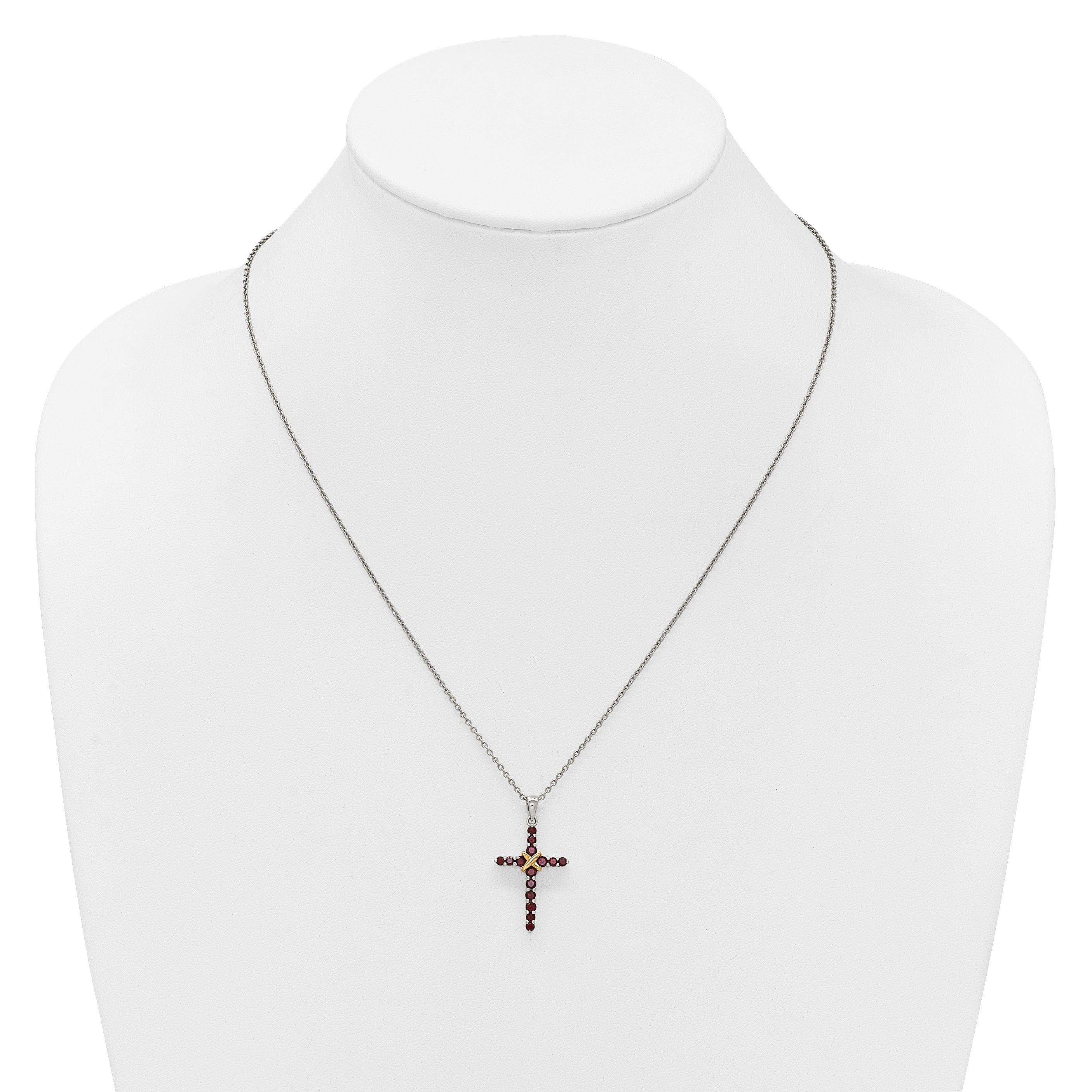 Shey Couture Sterling Silver Rhodium-plated with 14k -X- Accent Round Garnet Cross 18 inch with 2 inch Extension Necklace
