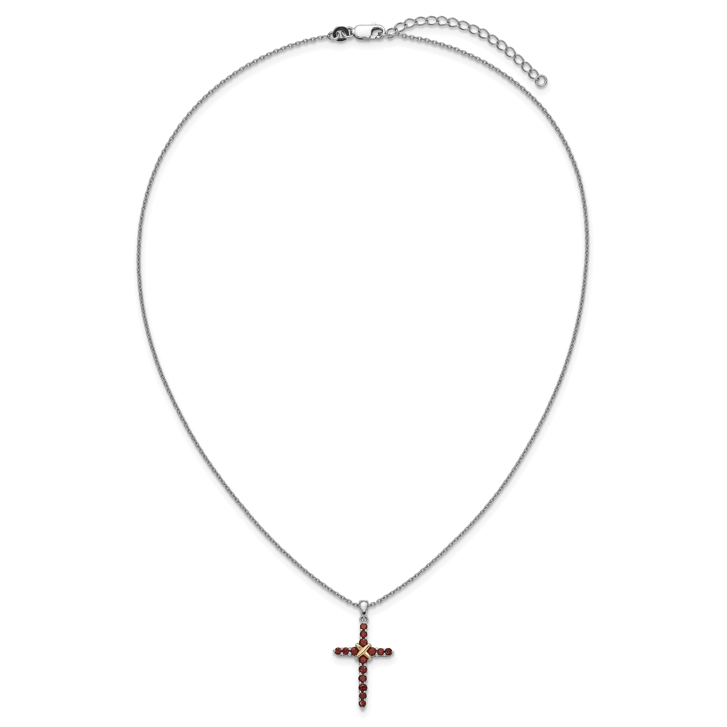 Shey Couture Sterling Silver Rhodium-plated with 14k -X- Accent Round Garnet Cross 18 inch with 2 inch Extension Necklace