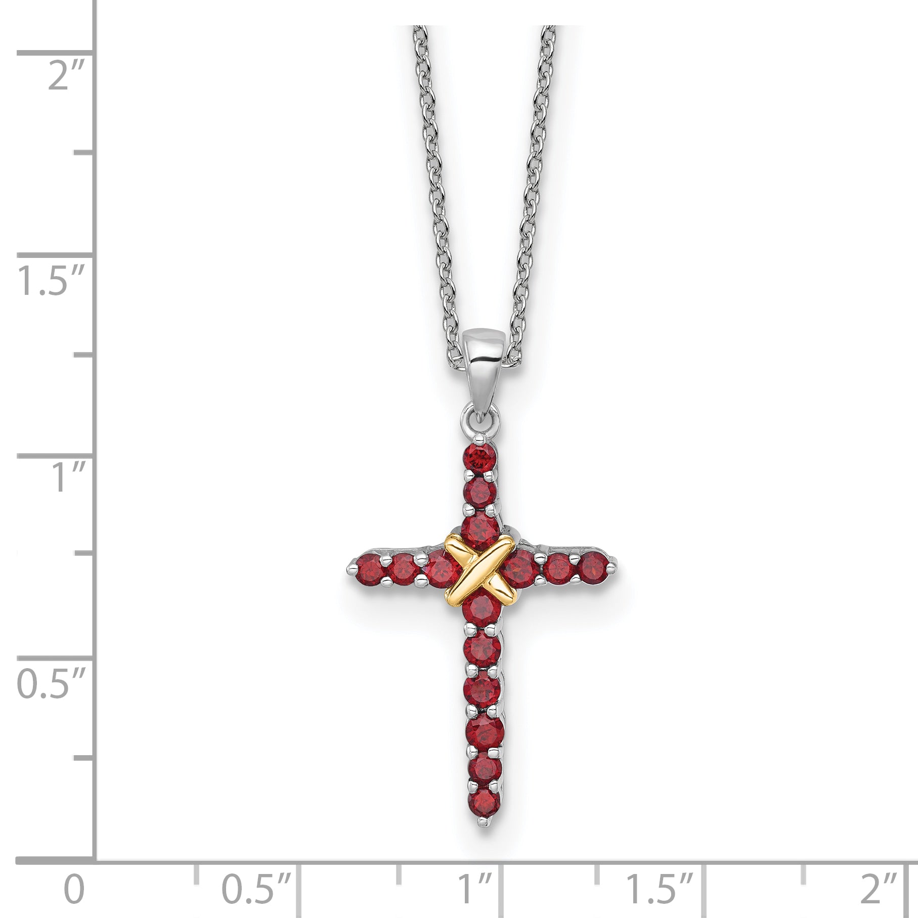 Shey Couture Sterling Silver Rhodium-plated with 14k -X- Accent Round Garnet Cross 18 inch with 2 inch Extension Necklace