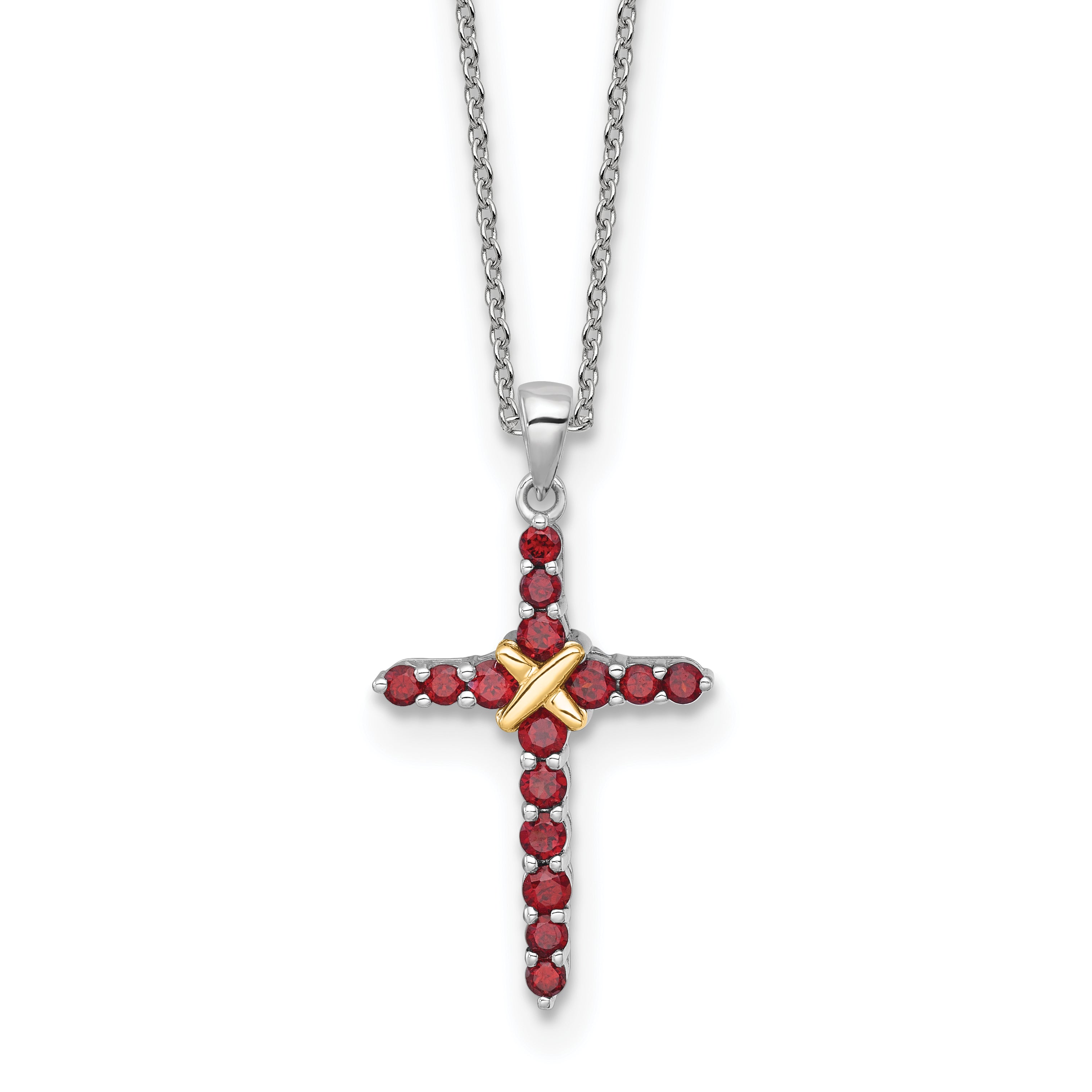 Shey Couture Sterling Silver Rhodium-plated with 14k -X- Accent Round Garnet Cross 18 inch with 2 inch Extension Necklace