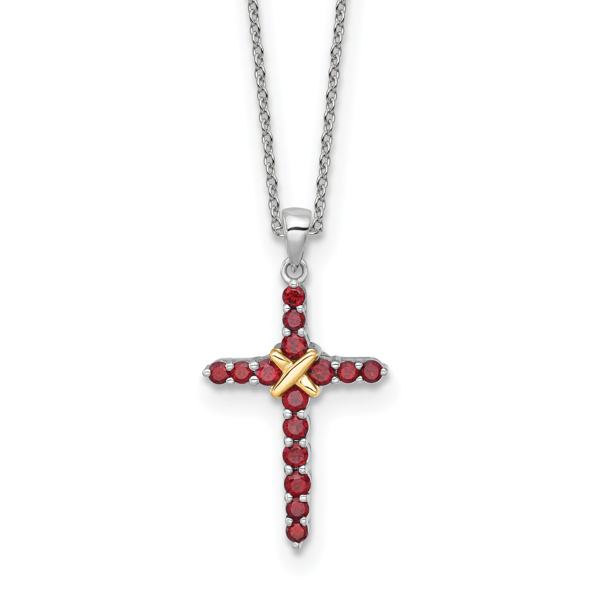 Shey Couture Sterling Silver Rhodium-plated with 14k -X- Accent Round Garnet Cross 18 inch with 2 inch Extension Necklace