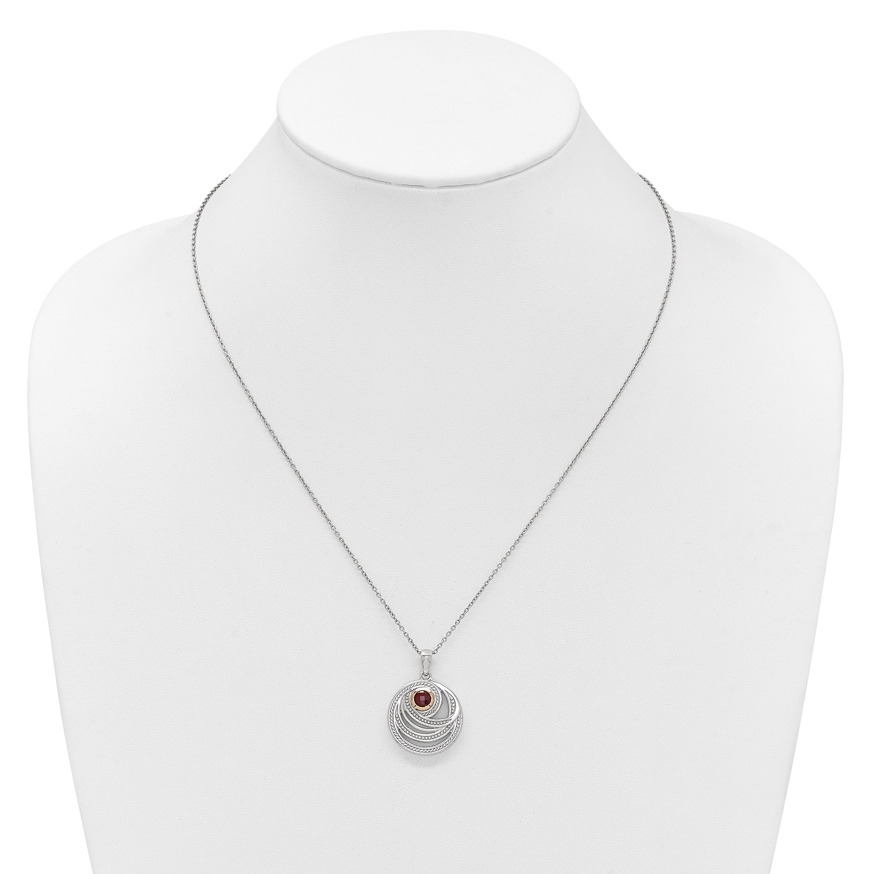 Shey Couture Sterling Silver Rhodium-plated with 14K Accent Round Garnet Swirl Circle 18 inch with 2 inch Extension Necklace