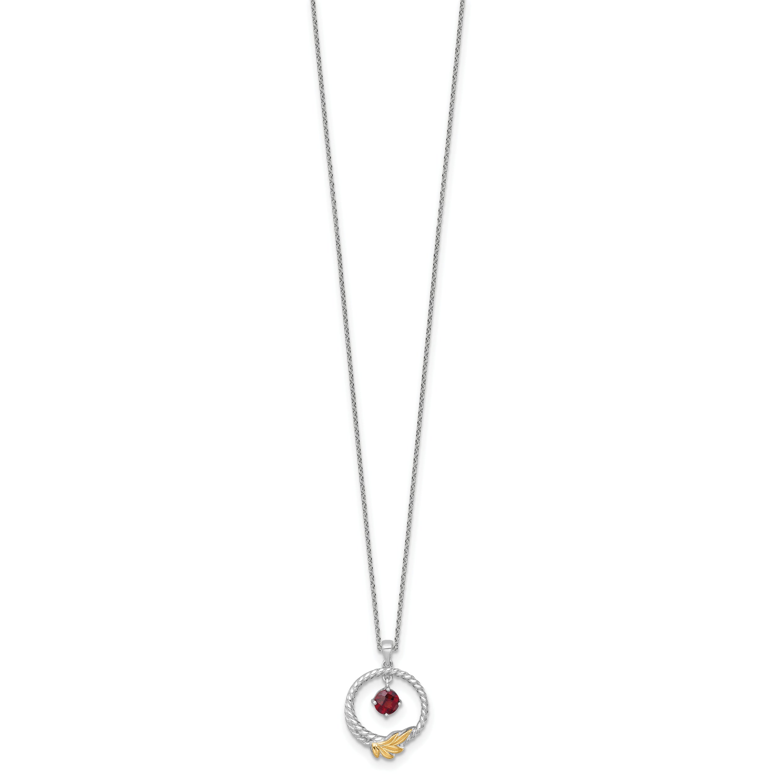 Shey Couture Sterling Silver Rhodium-plated Twisted Circle with 14k Leaf Accent Round Garnet Dangle 18 inch with 2 inch Extension Necklace
