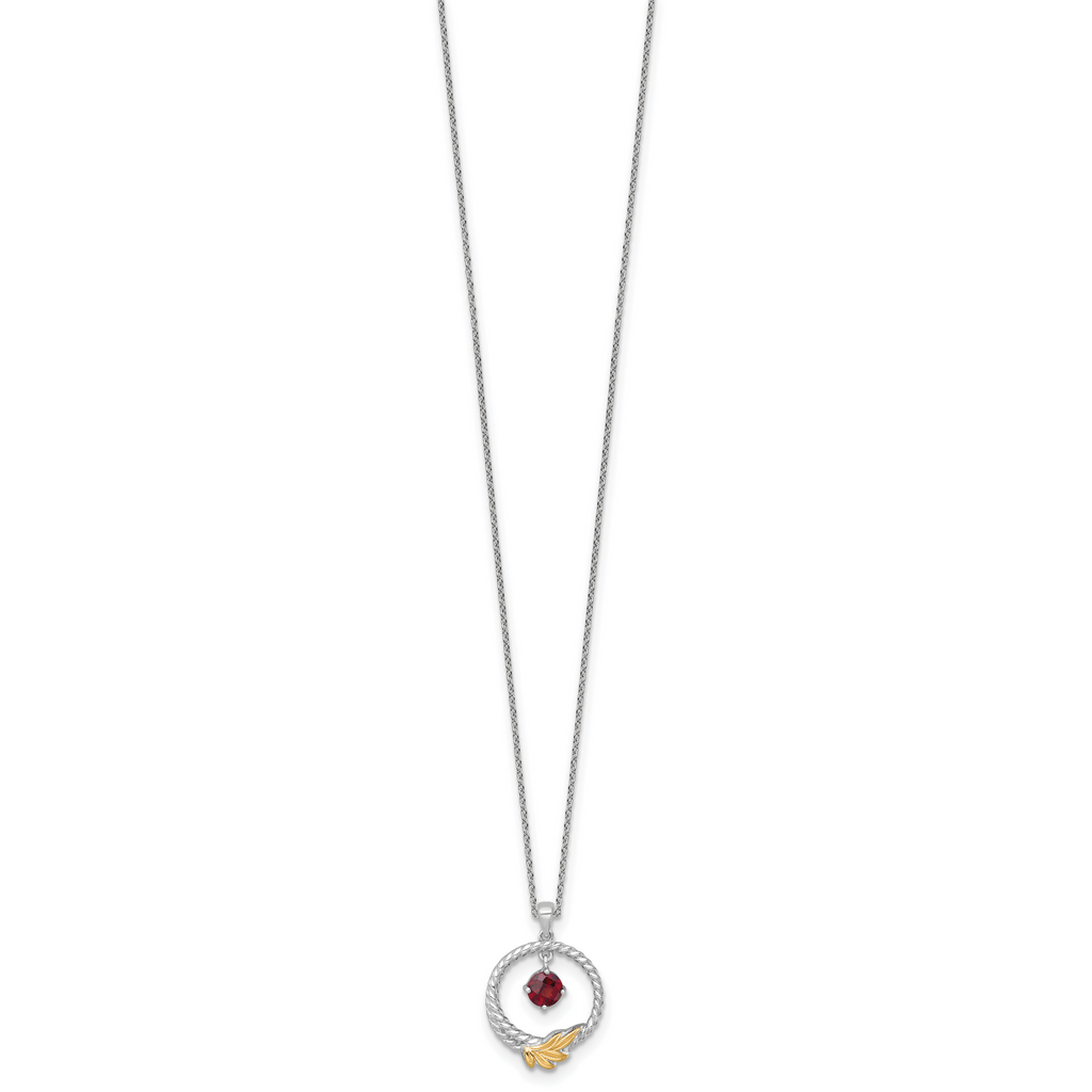 Shey Couture Sterling Silver Rhodium-plated Twisted Circle with 14k Leaf Accent Round Garnet Dangle 18 inch with 2 inch Extension Necklace