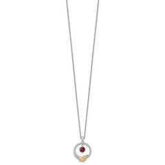 Shey Couture Sterling Silver Rhodium-plated Twisted Circle with 14k Leaf Accent Round Garnet Dangle 18 inch with 2 inch Extension Necklace