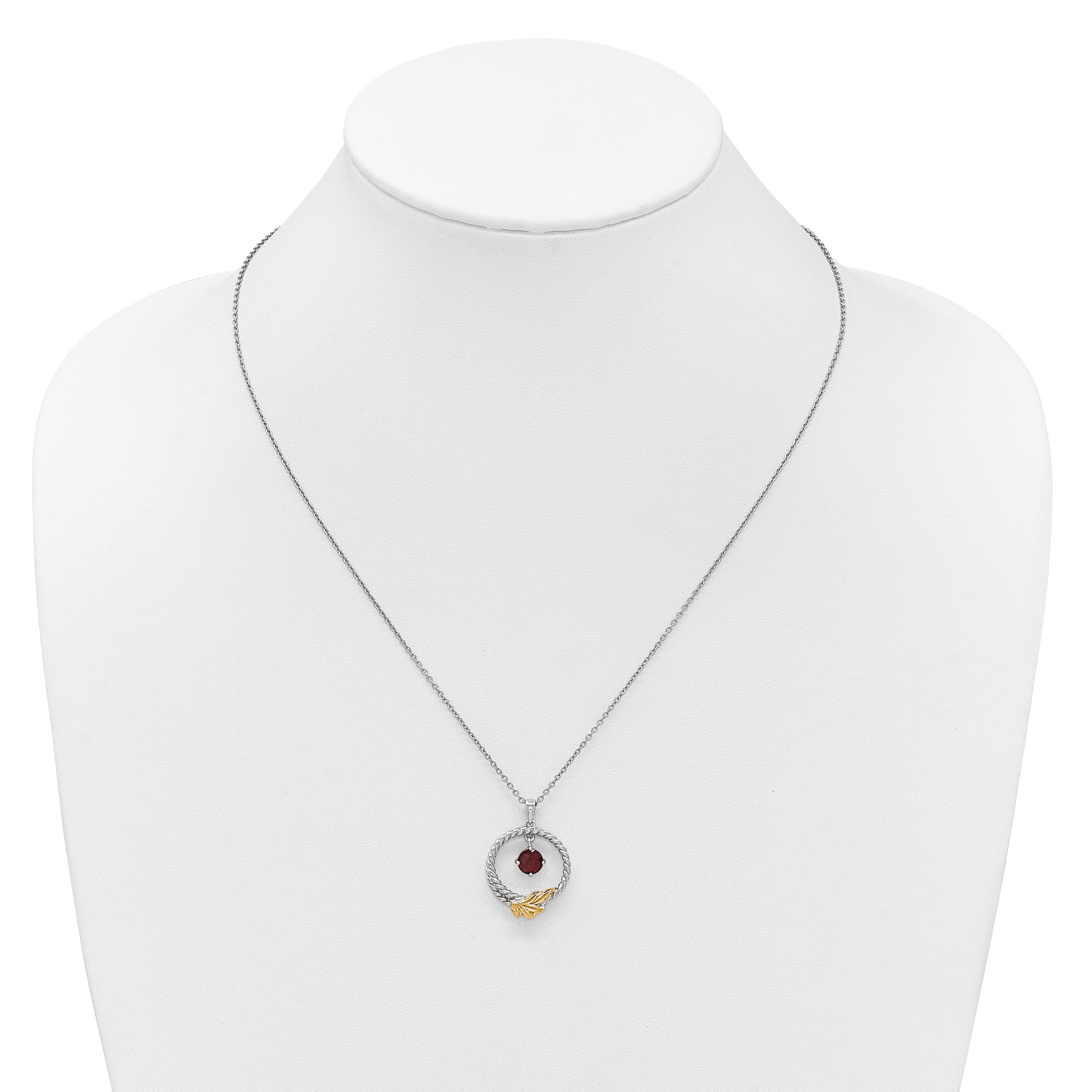Shey Couture Sterling Silver Rhodium-plated Twisted Circle with 14k Leaf Accent Round Garnet Dangle 18 inch with 2 inch Extension Necklace