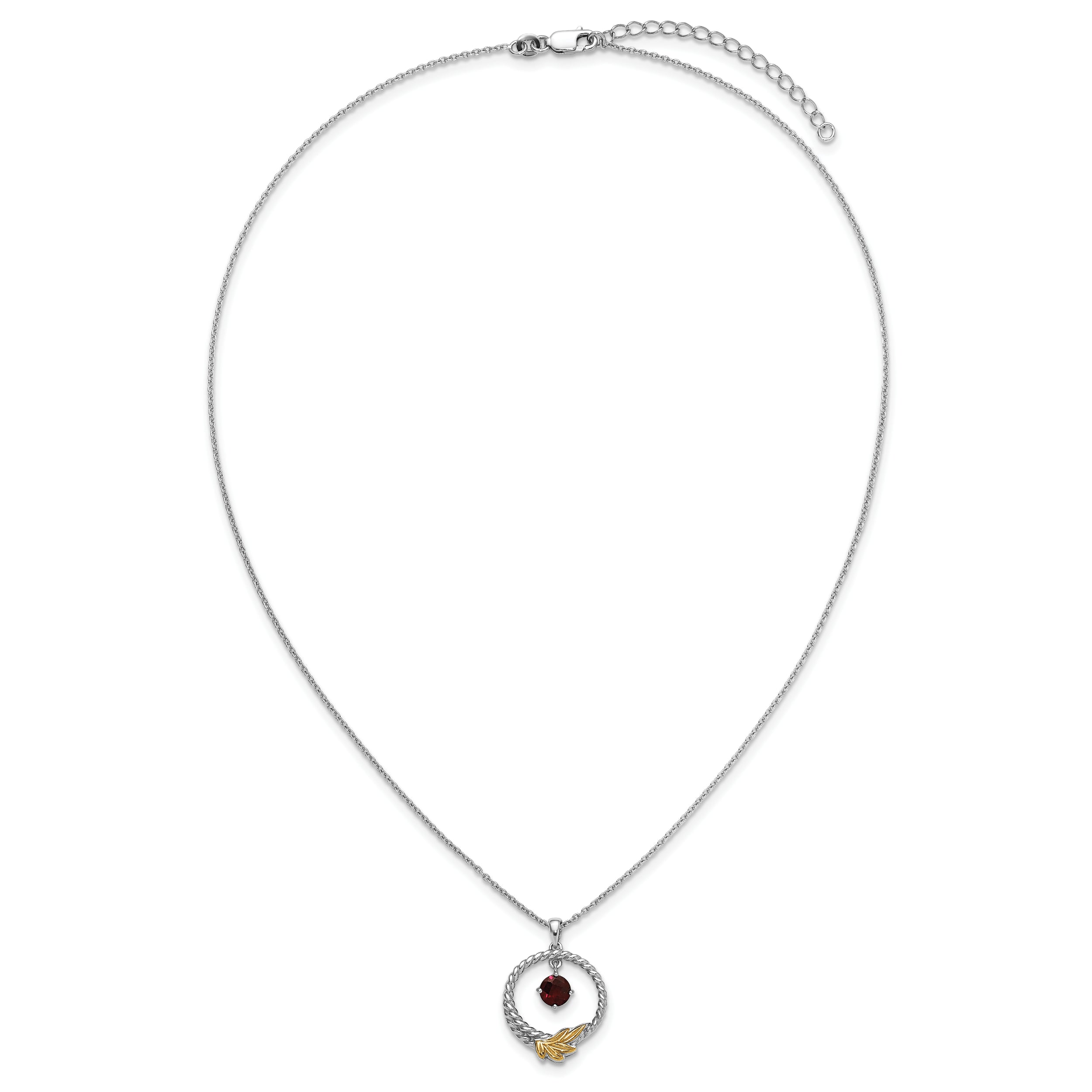Shey Couture Sterling Silver Rhodium-plated Twisted Circle with 14k Leaf Accent Round Garnet Dangle 18 inch with 2 inch Extension Necklace