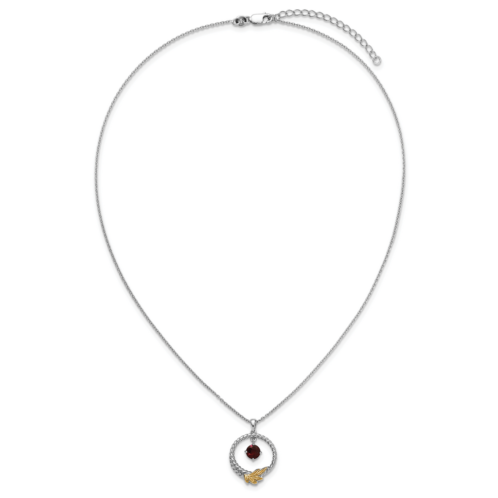 Shey Couture Sterling Silver Rhodium-plated Twisted Circle with 14k Leaf Accent Round Garnet Dangle 18 inch with 2 inch Extension Necklace