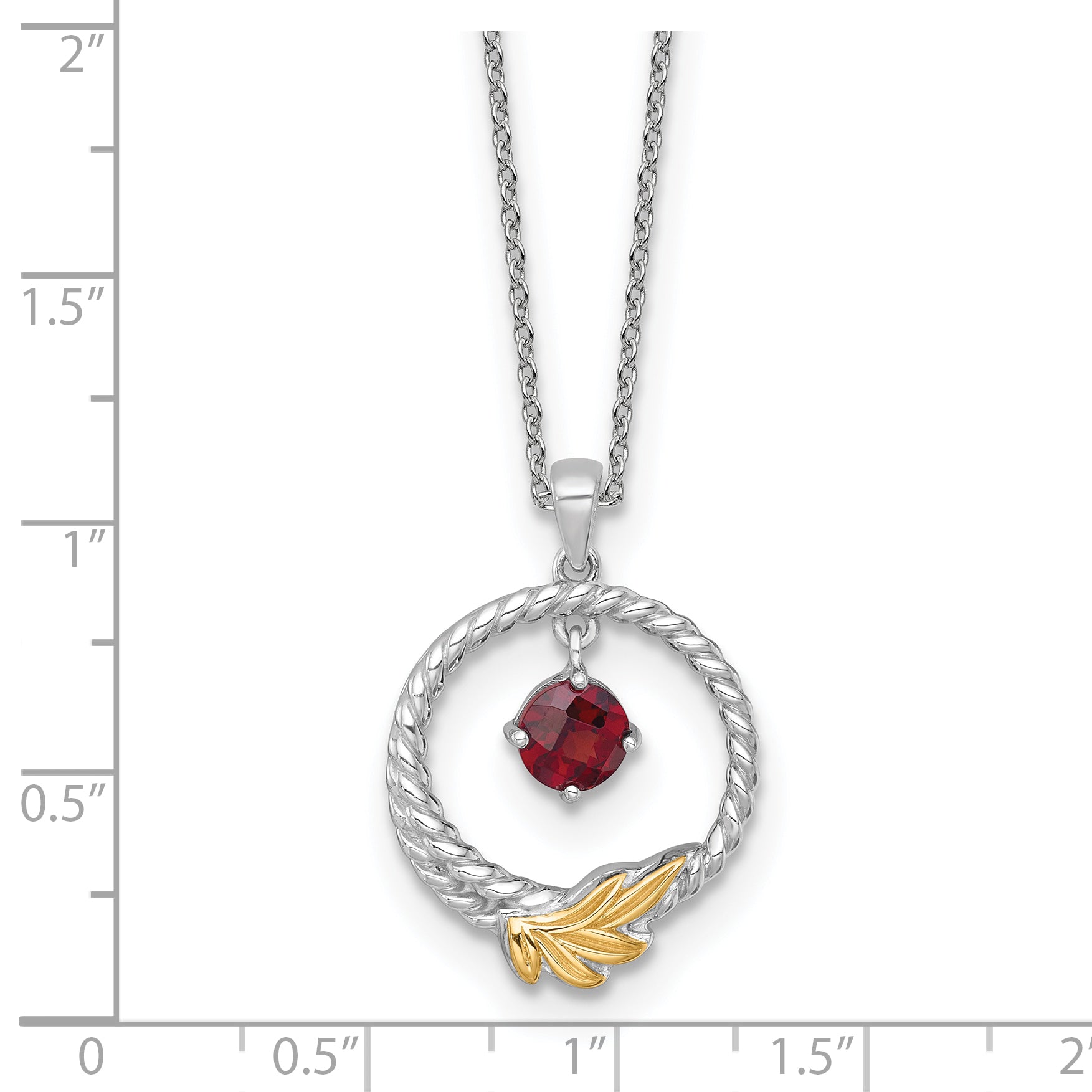 Shey Couture Sterling Silver Rhodium-plated Twisted Circle with 14k Leaf Accent Round Garnet Dangle 18 inch with 2 inch Extension Necklace