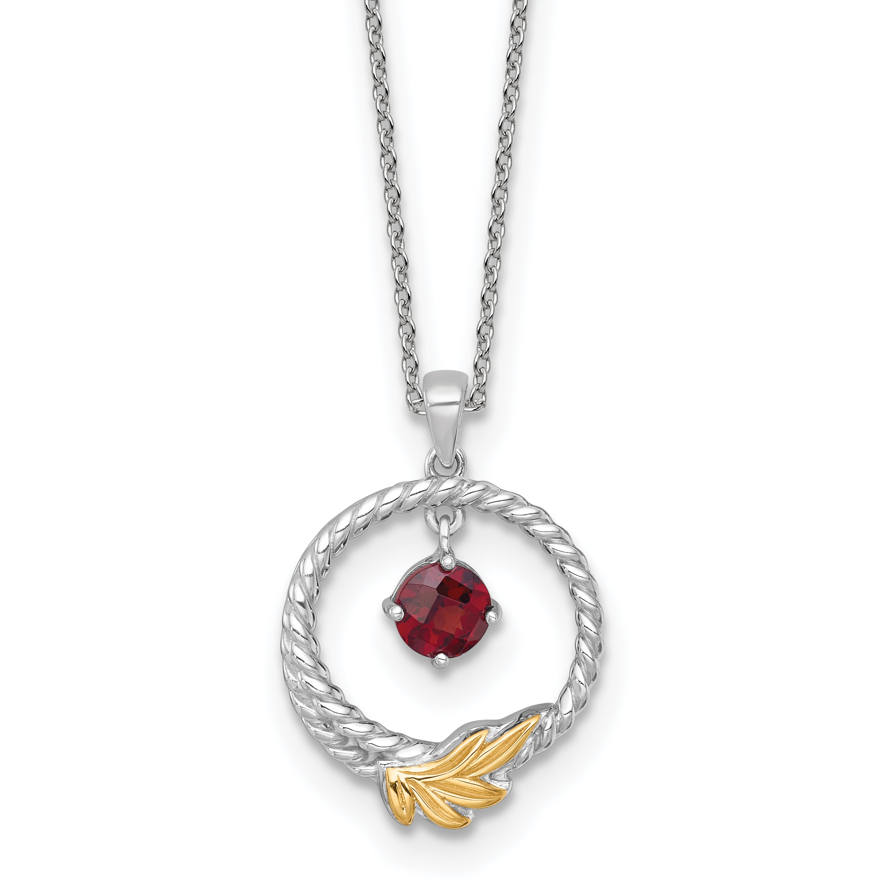 Shey Couture Sterling Silver Rhodium-plated Twisted Circle with 14k Leaf Accent Round Garnet Dangle 18 inch with 2 inch Extension Necklace