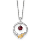 Shey Couture Sterling Silver Rhodium-plated Twisted Circle with 14k Leaf Accent Round Garnet Dangle 18 inch with 2 inch Extension Necklace