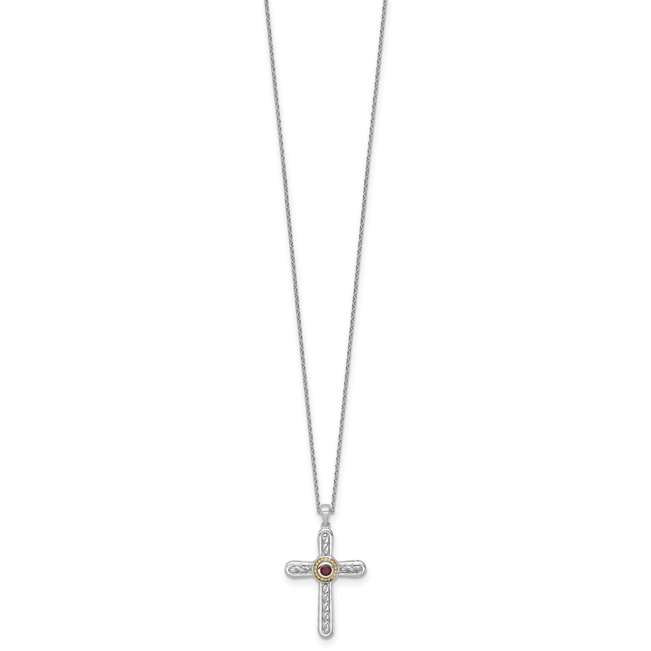 Shey Couture Sterling Silver Rhodium-plated with 14k Accent Round Garnet Textured Cross 18 inch with 2 inch Extension Necklace