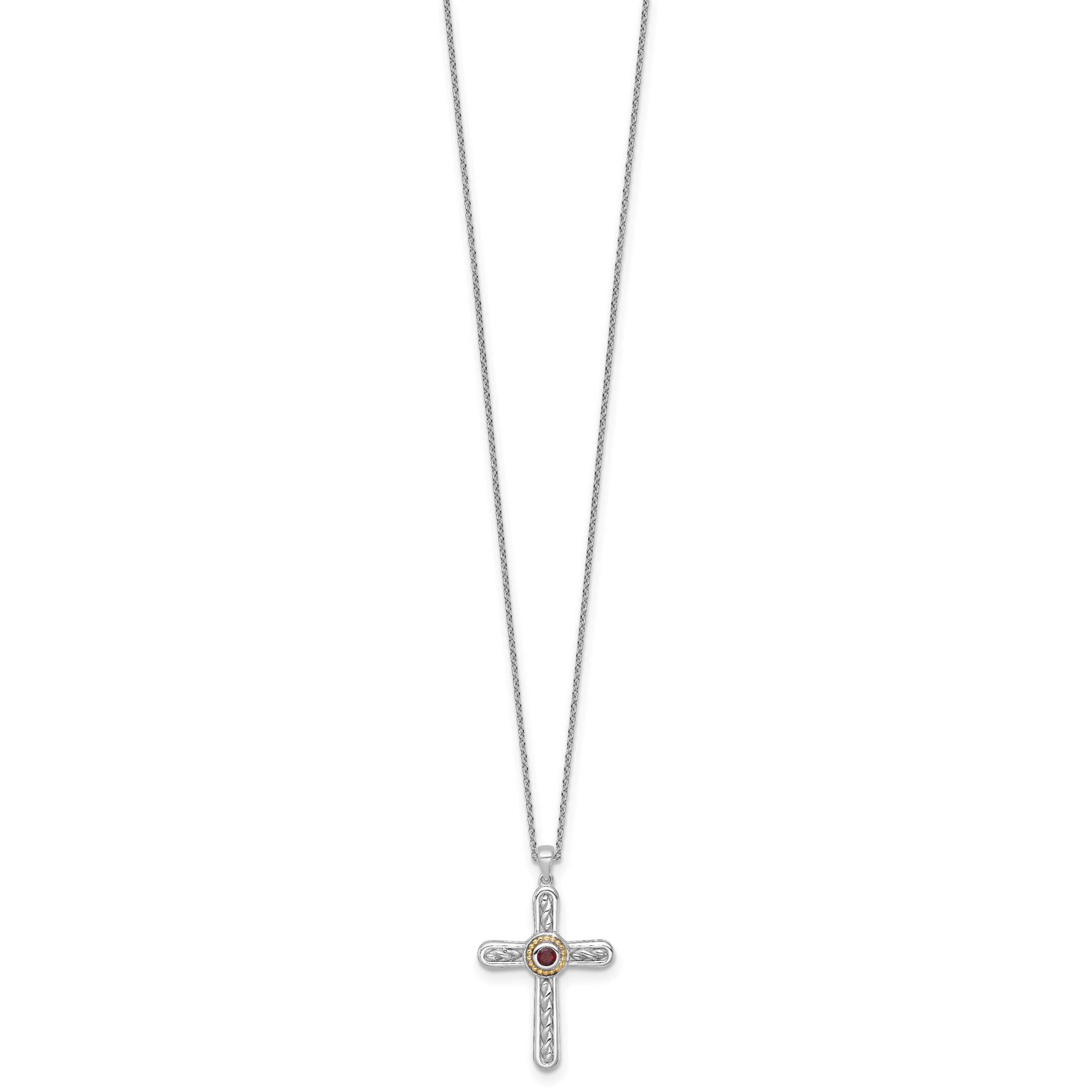 Shey Couture Sterling Silver Rhodium-plated with 14k Accent Round Garnet Textured Cross 18 inch with 2 inch Extension Necklace Secondary image