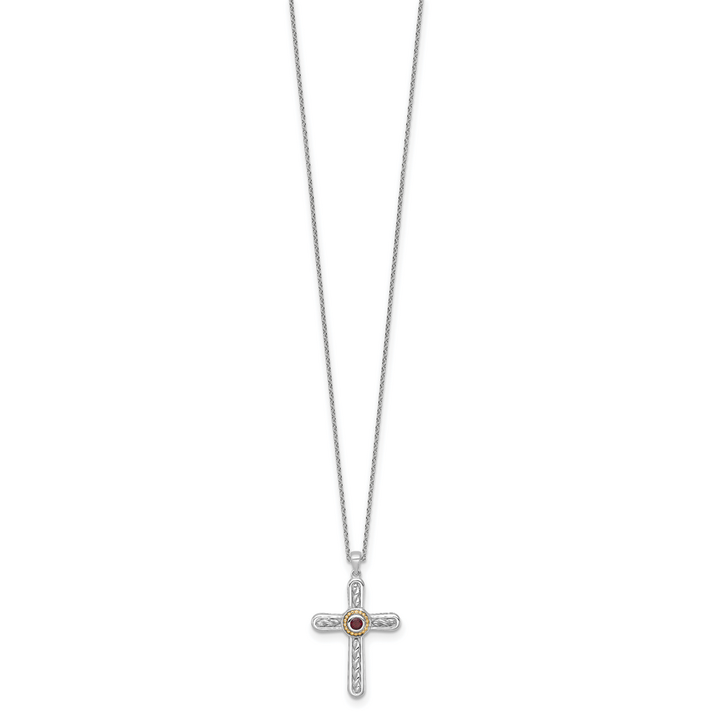 Shey Couture Sterling Silver Rhodium-plated with 14k Accent Round Garnet Textured Cross 18 inch with 2 inch Extension Necklace