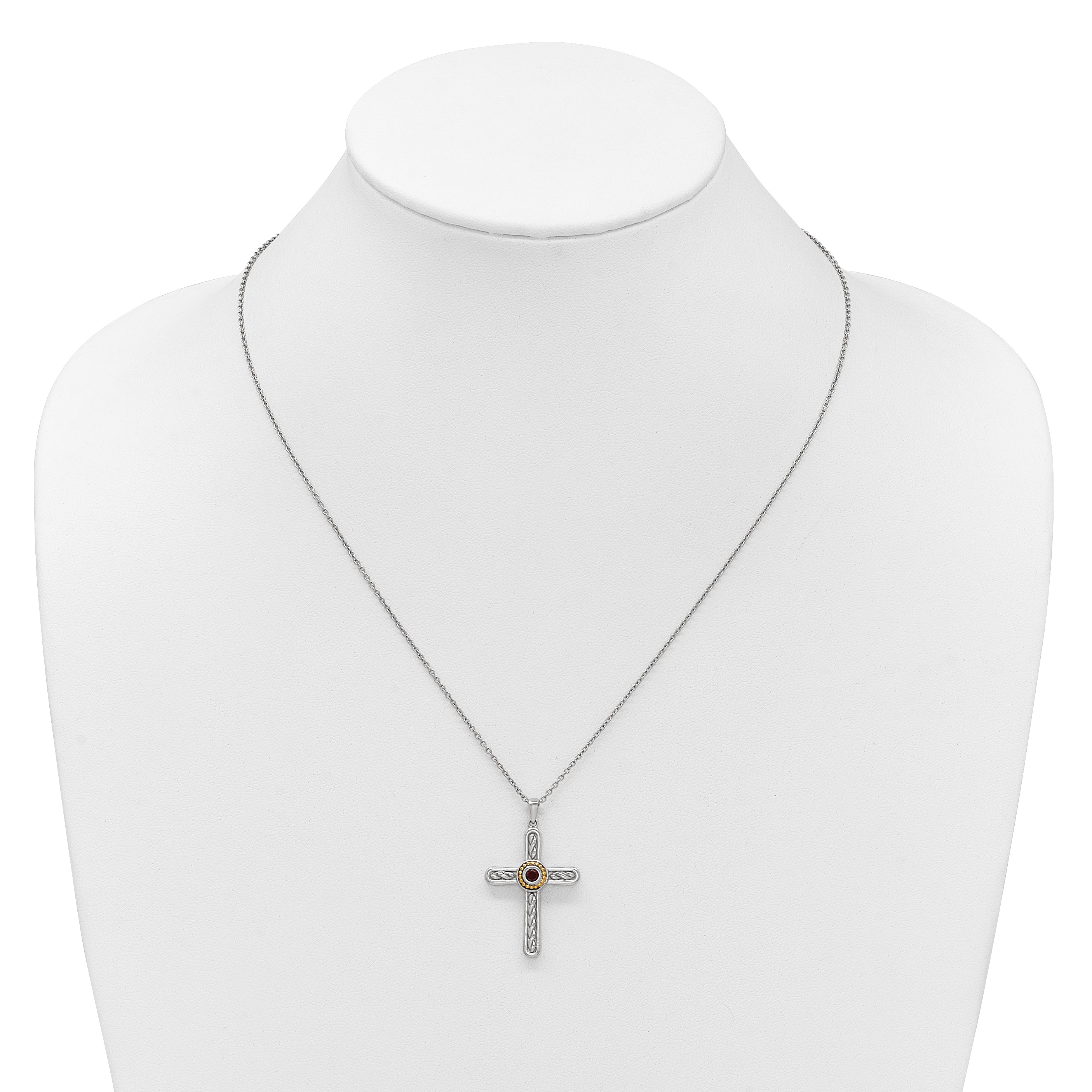 Shey Couture Sterling Silver Rhodium-plated with 14k Accent Round Garnet Textured Cross 18 inch with 2 inch Extension Necklace