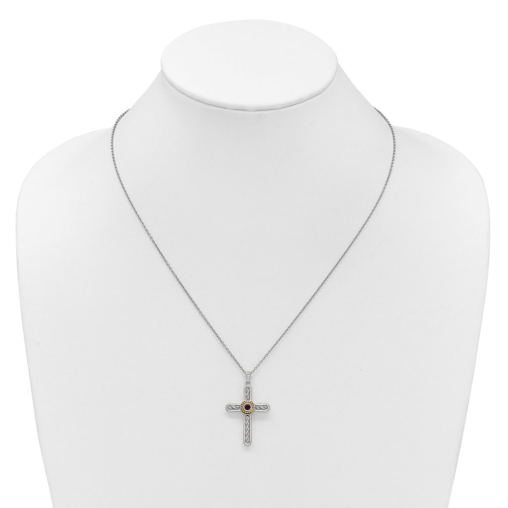 Shey Couture Sterling Silver Rhodium-plated with 14k Accent Round Garnet Textured Cross 18 inch with 2 inch Extension Necklace